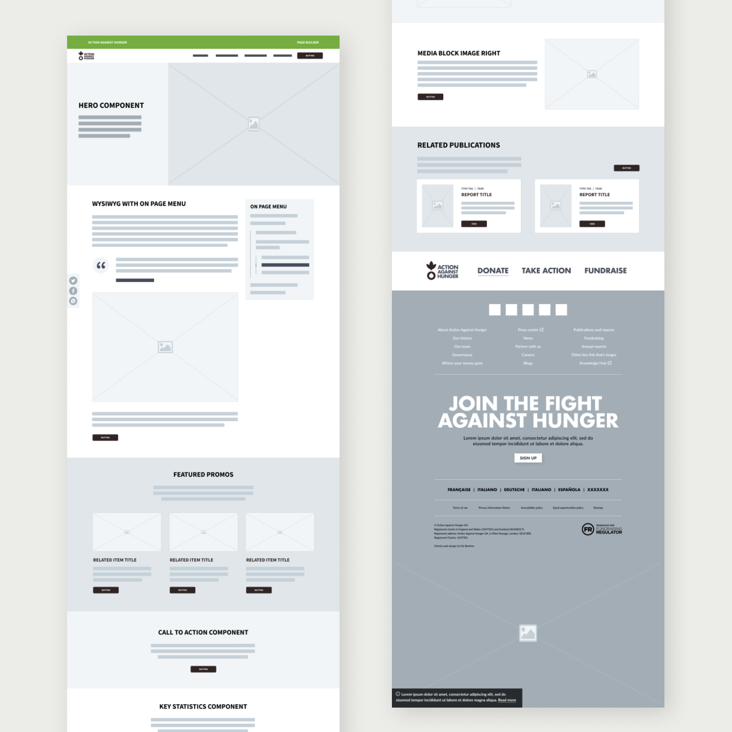 Wireframe of a website homepage for Action Against Hunger, featuring sections for hero component, media and publications, donation options, call to action, and statistics, primarily in shades of gray and green.