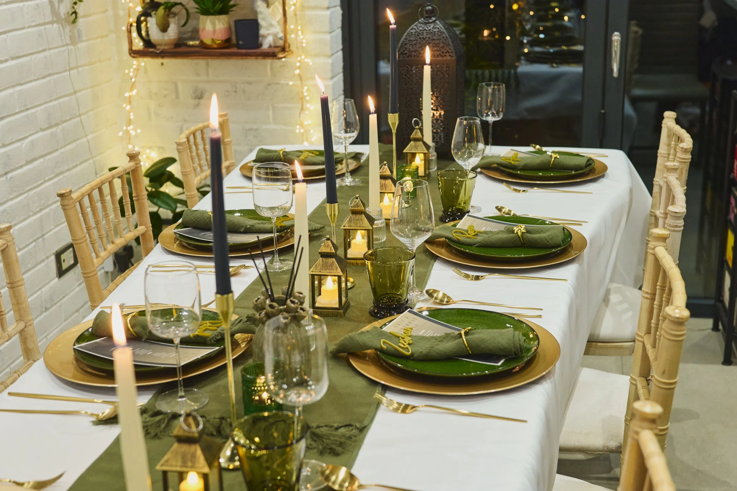 lantern, candles and tablewware