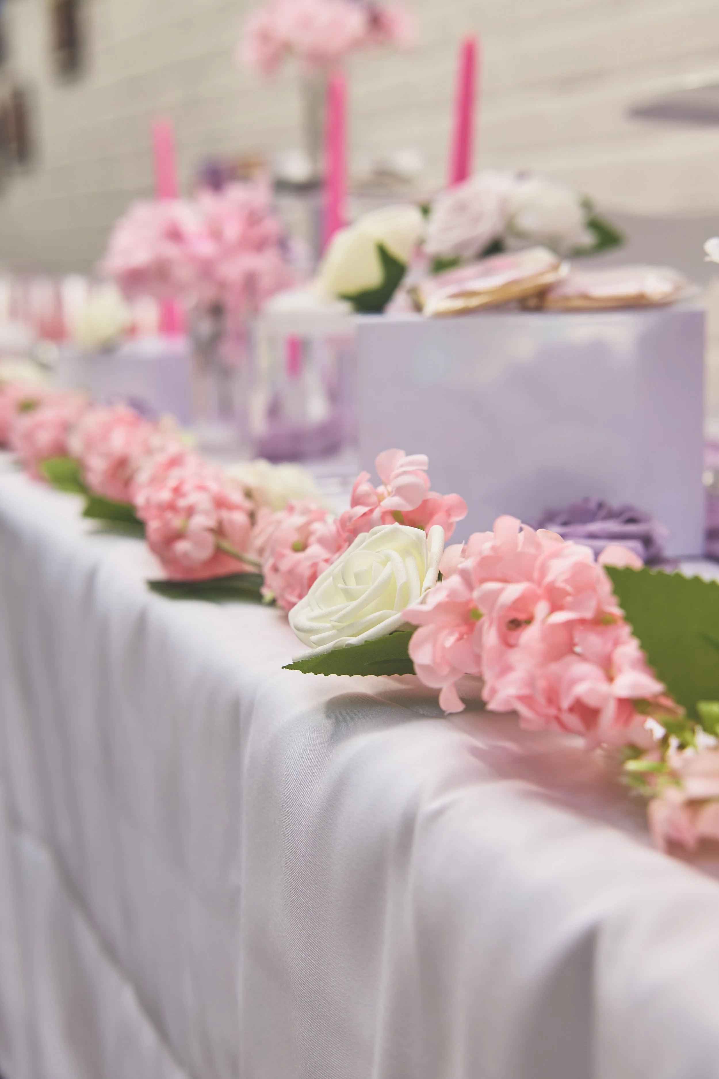 pink and white floral garland