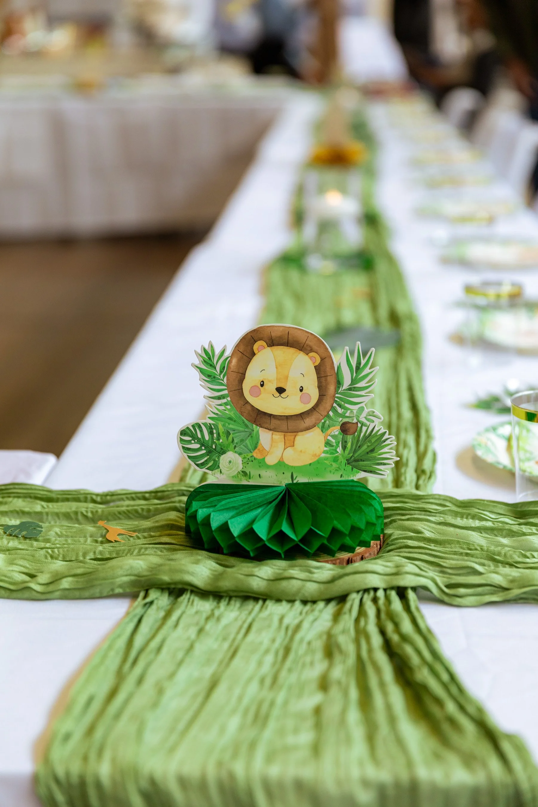 Decor setup with green runner and props