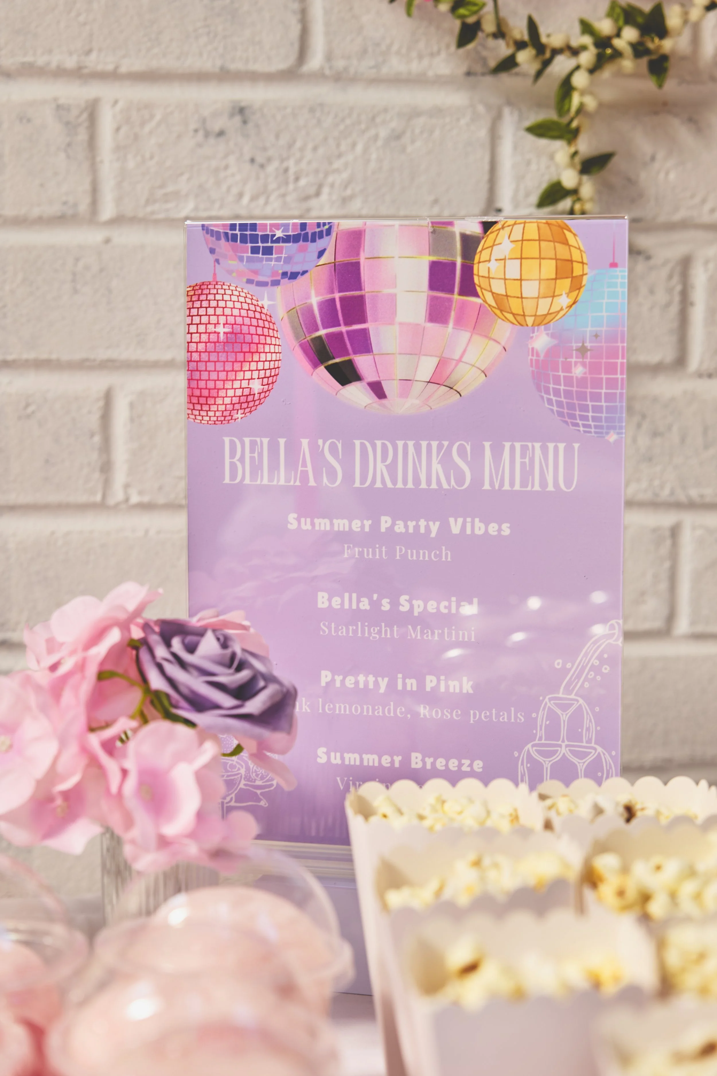 Personalised Drinks menu with flowers and popcorn