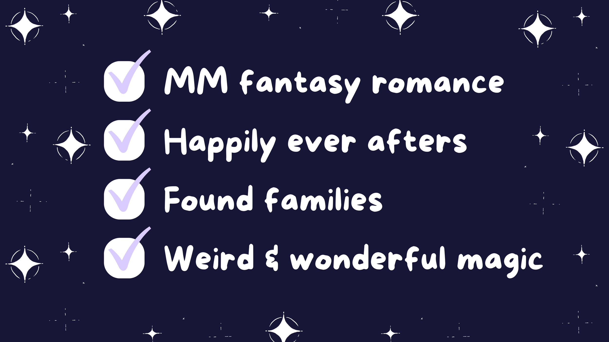 Checklist of what MM fantasy romance author KT Leehne's writing offers. KT Leehne's books include MM fantasy romance, happily ever afters, found families and weird and wonderful magic.