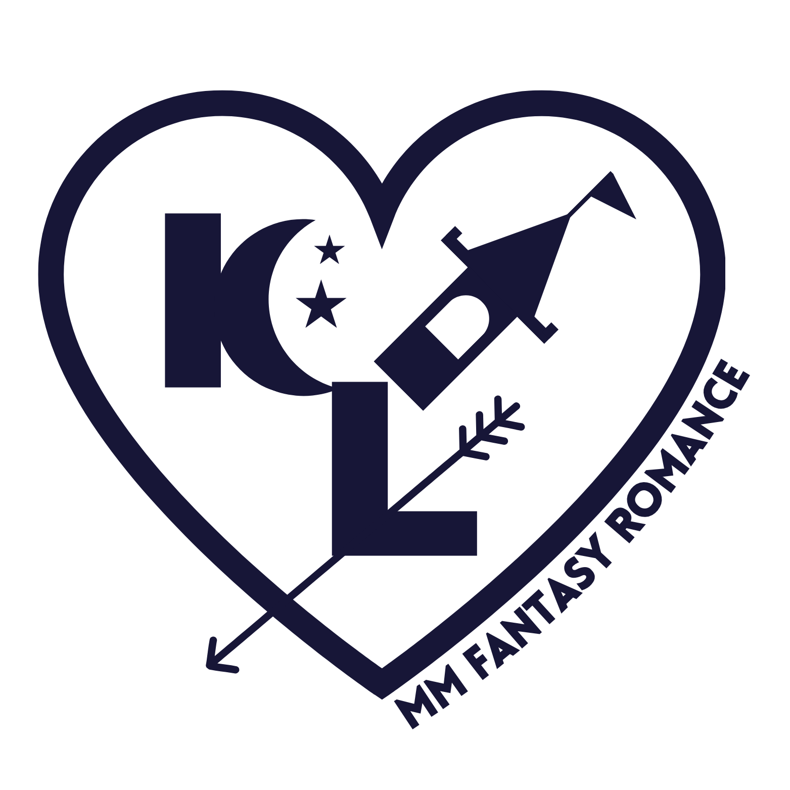 KT Leehne's logo: a heart with the initials KTL. The K includes a crescent moon and two stars. The T is a falling castle turret. And the L has an arrow through it. KT Leehne writes MM fantasy romance.