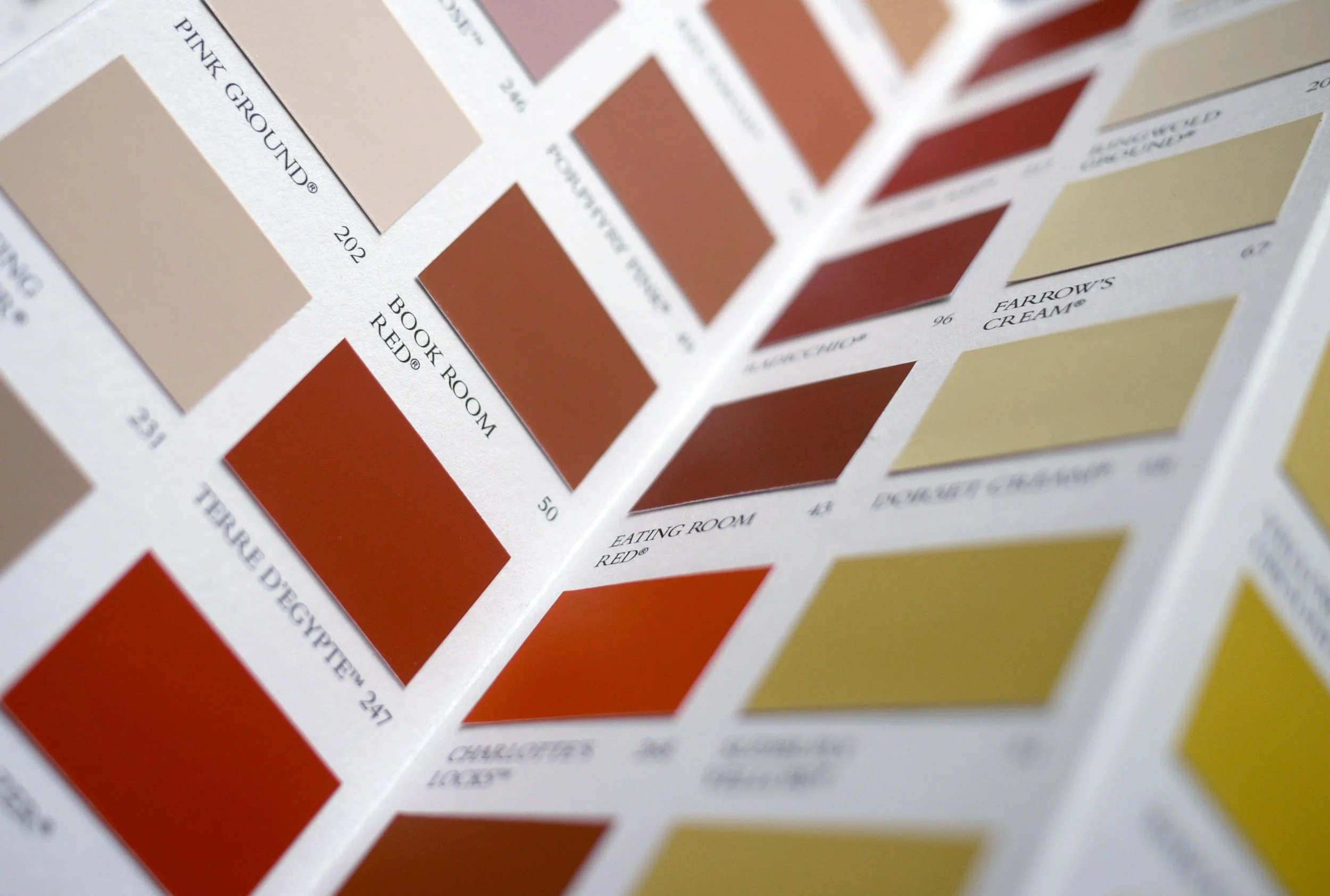 Close-up view of a paint color sample card displaying various shades of beige, brown, and cream, with labels including 'Pink Ground,' 'Book Room Red,' and 'Farrow's Cream.'