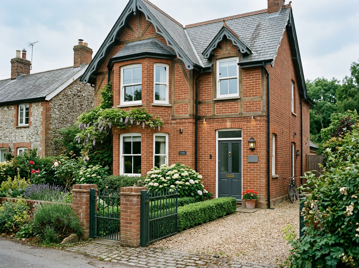 A traditional red brick house with a dark gray front door and white window frames. The house has a small garden with various flowering plants and a black fence with brick pillars. There is a bicycle leaning against the side of the house, and a gravel pathway leads to the front door.