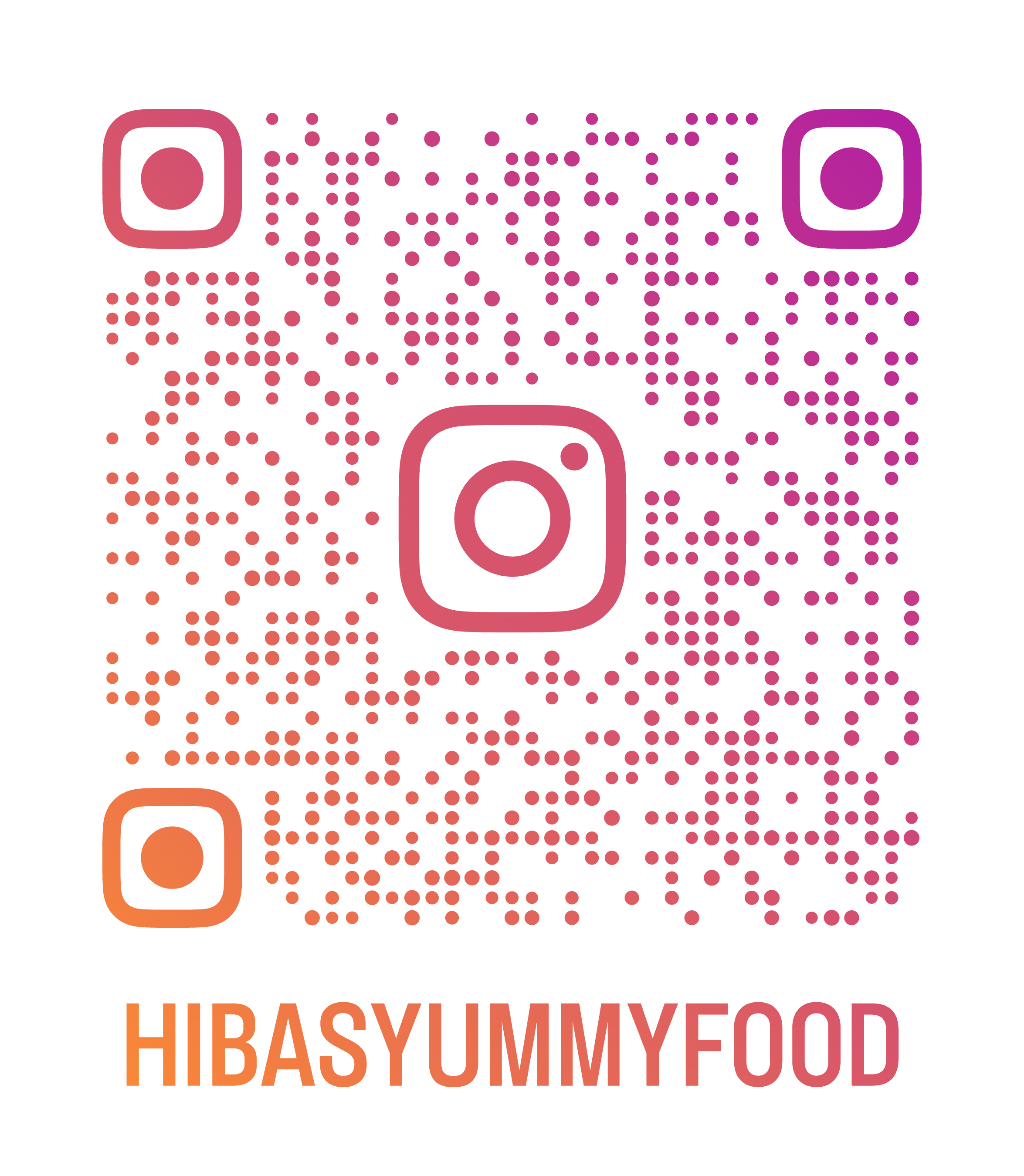 A colorful QR code with the Instagram logo in the center and the text 'HIBASYUMMYFOOD' in orange and pink at the bottom.