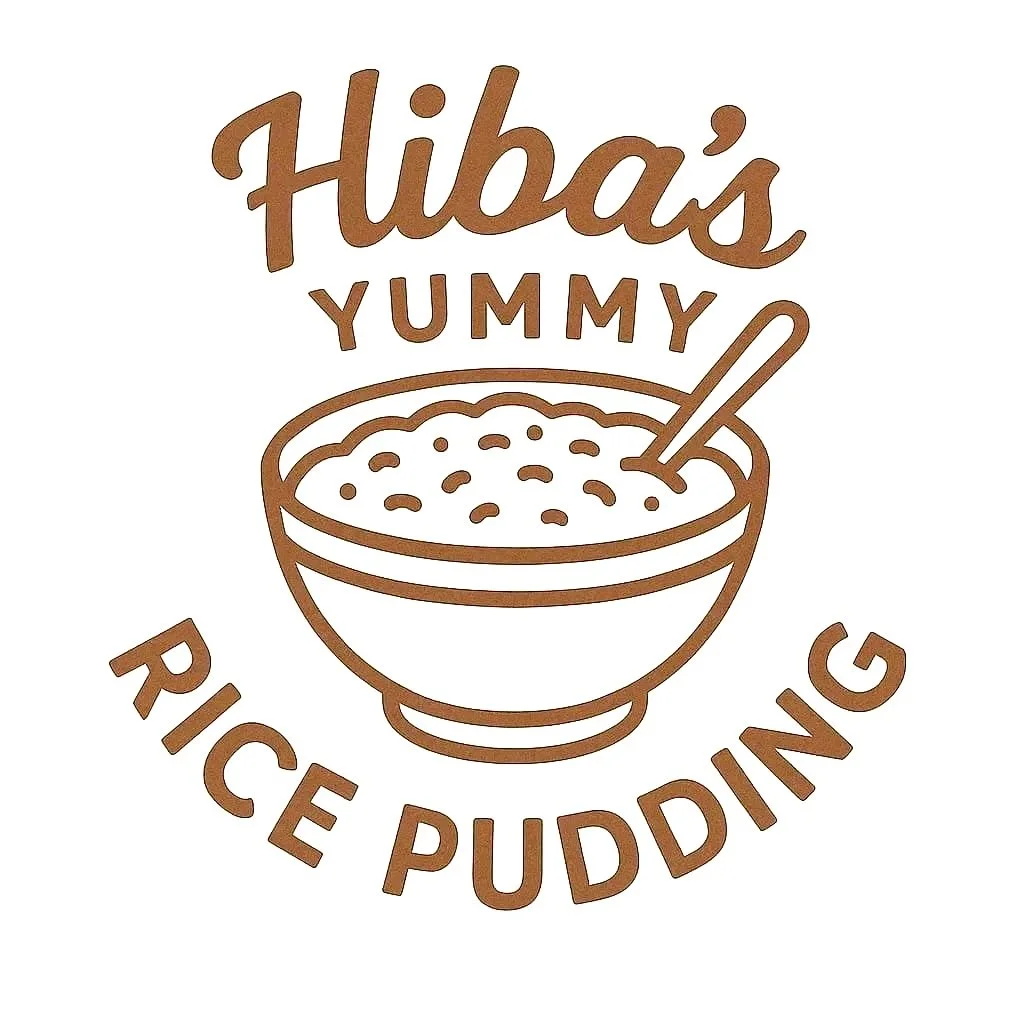 A logo with the text "Hiba's Yummy Rice Pudding" and an illustration of a bowl of rice pudding with a spoon.