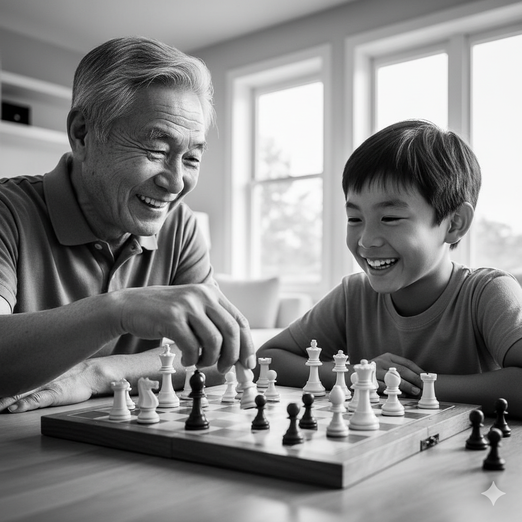 An elderly man and a young boy smiling while playing chess at a table.