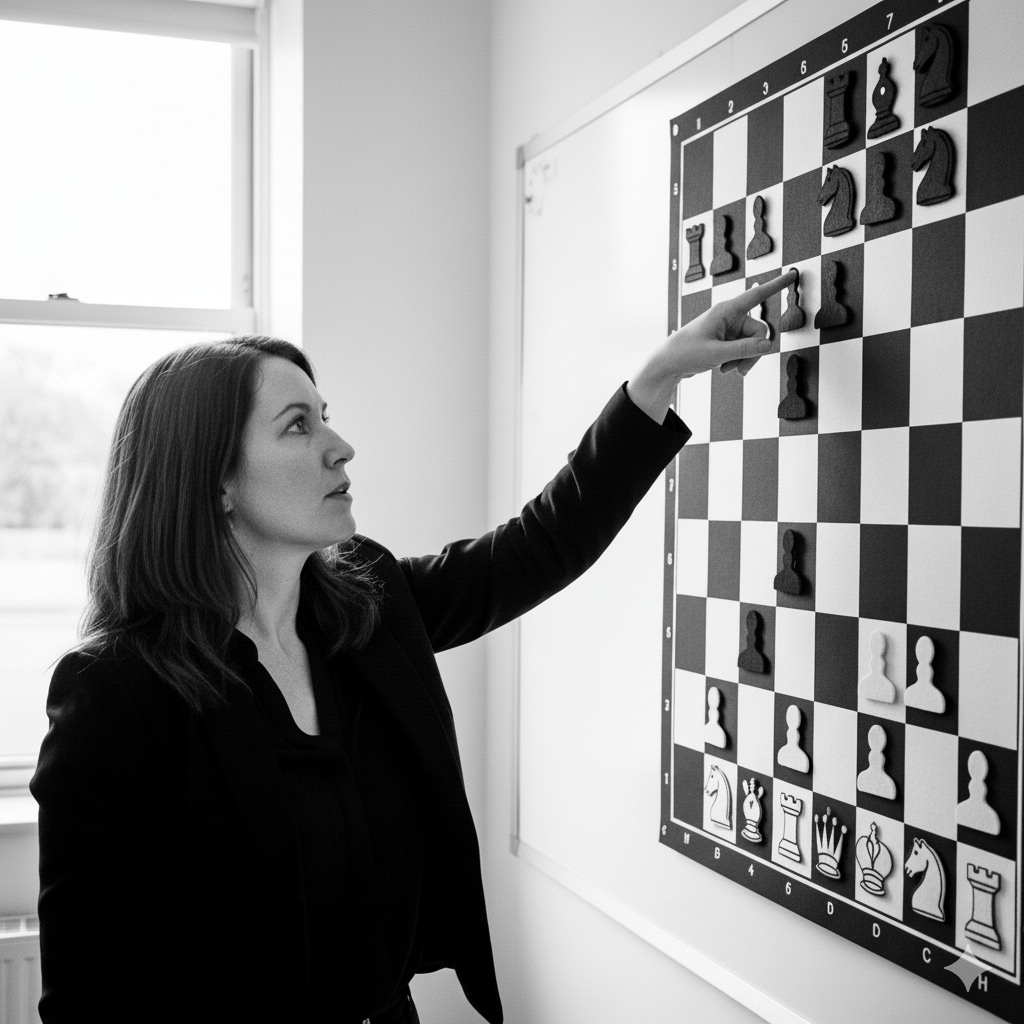 Black and white photo of a woman in business attire playing chess on a large board mounted on the wall. She is pointing at a piece on the board.