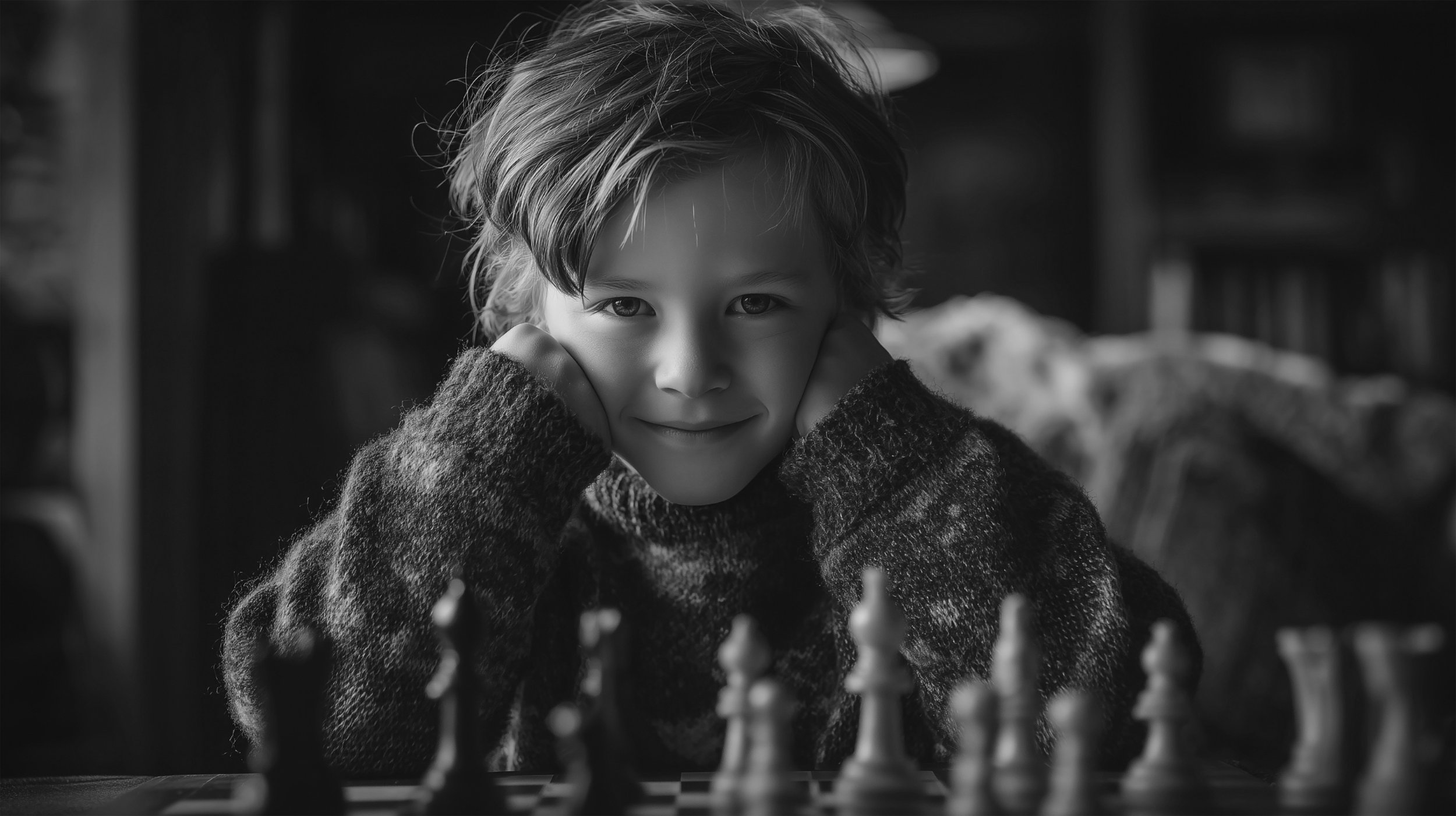 A young boy with tousled hair resting his chin on his hands, looking at a chessboard. The photo is in black and white.