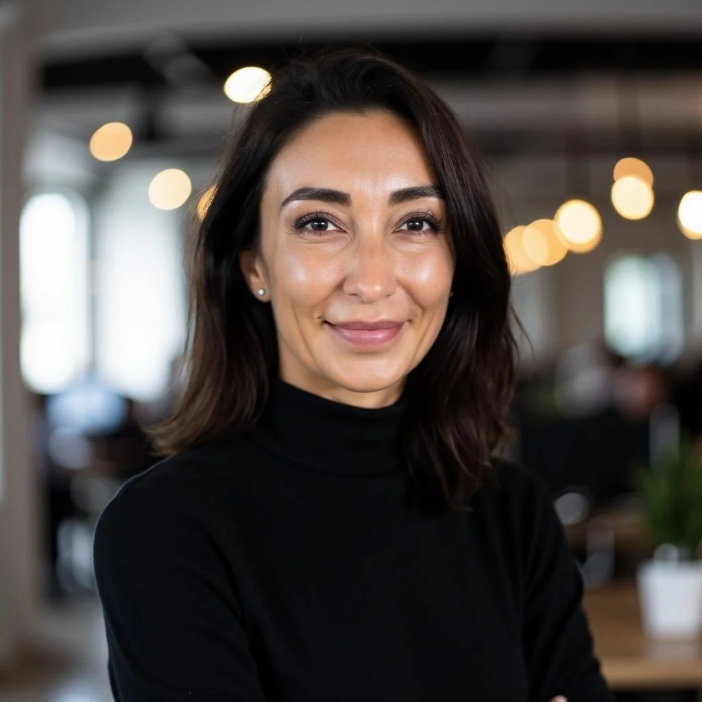 Ein Porträt einer lächelnden Frau mit dunklem Haar in einem modernen, gut beleuchteten Büro.