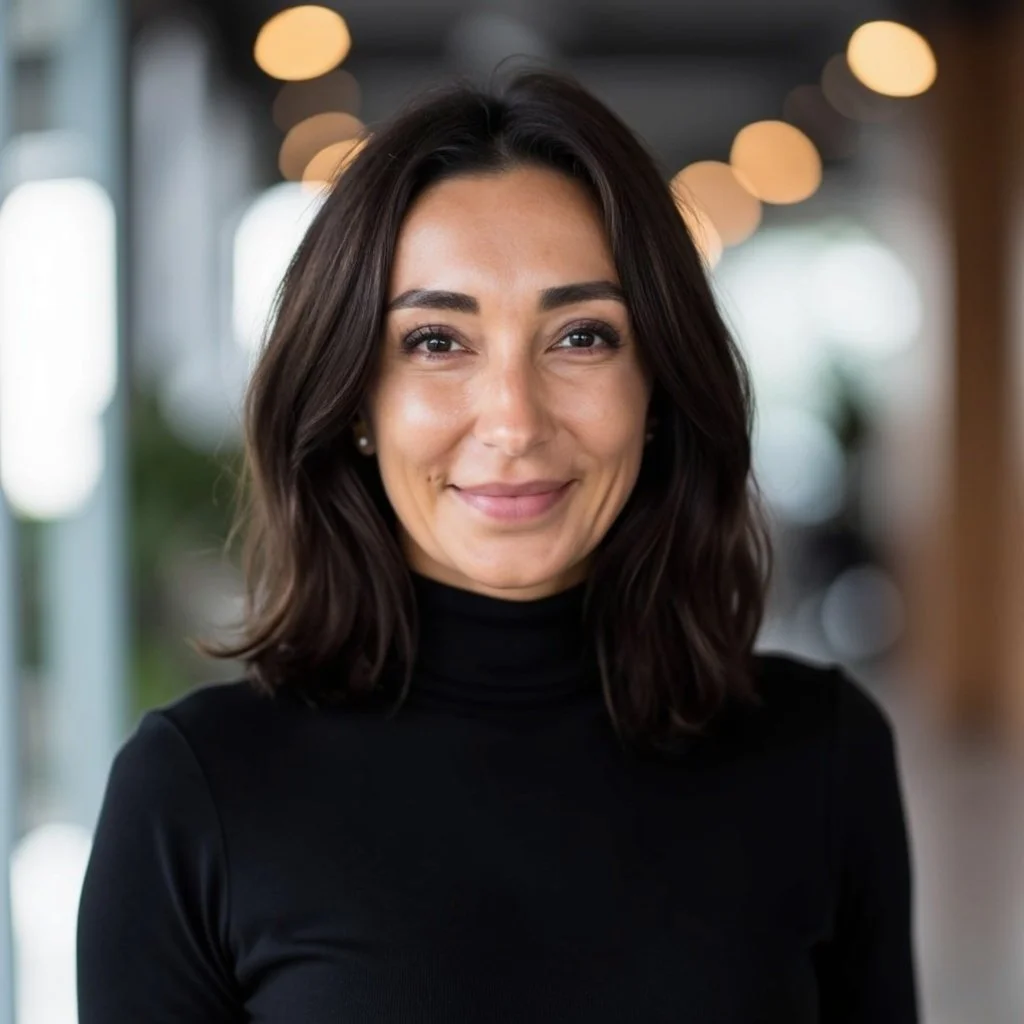 Porträt einer lächelnden Frau mit dunklen, mittellangen, gewellten Haaren, trägt ein schwarzes Turtleneck, im Hintergrund verschwommene Lichter und Fenster