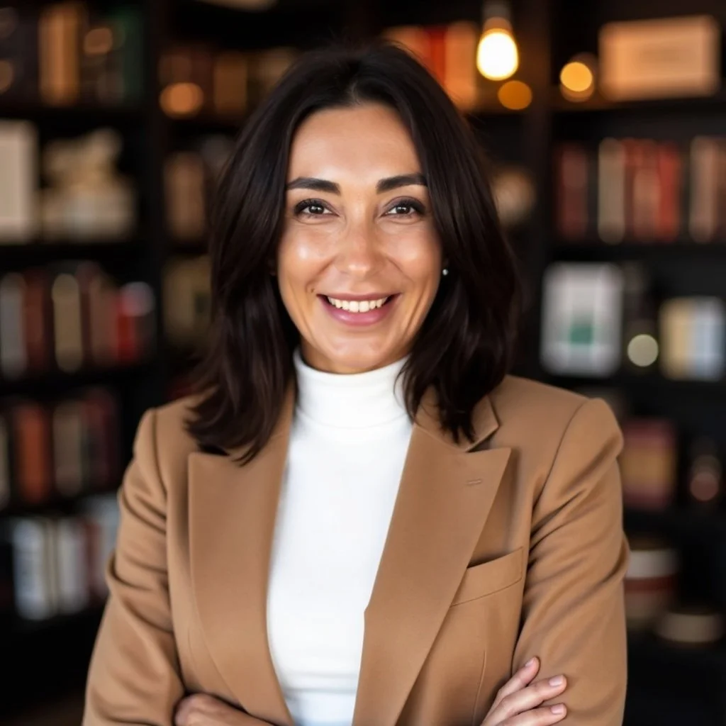 Porträt einer lächelnden Frau mit braunem Blazer vor Bücherregal in Innenraum.