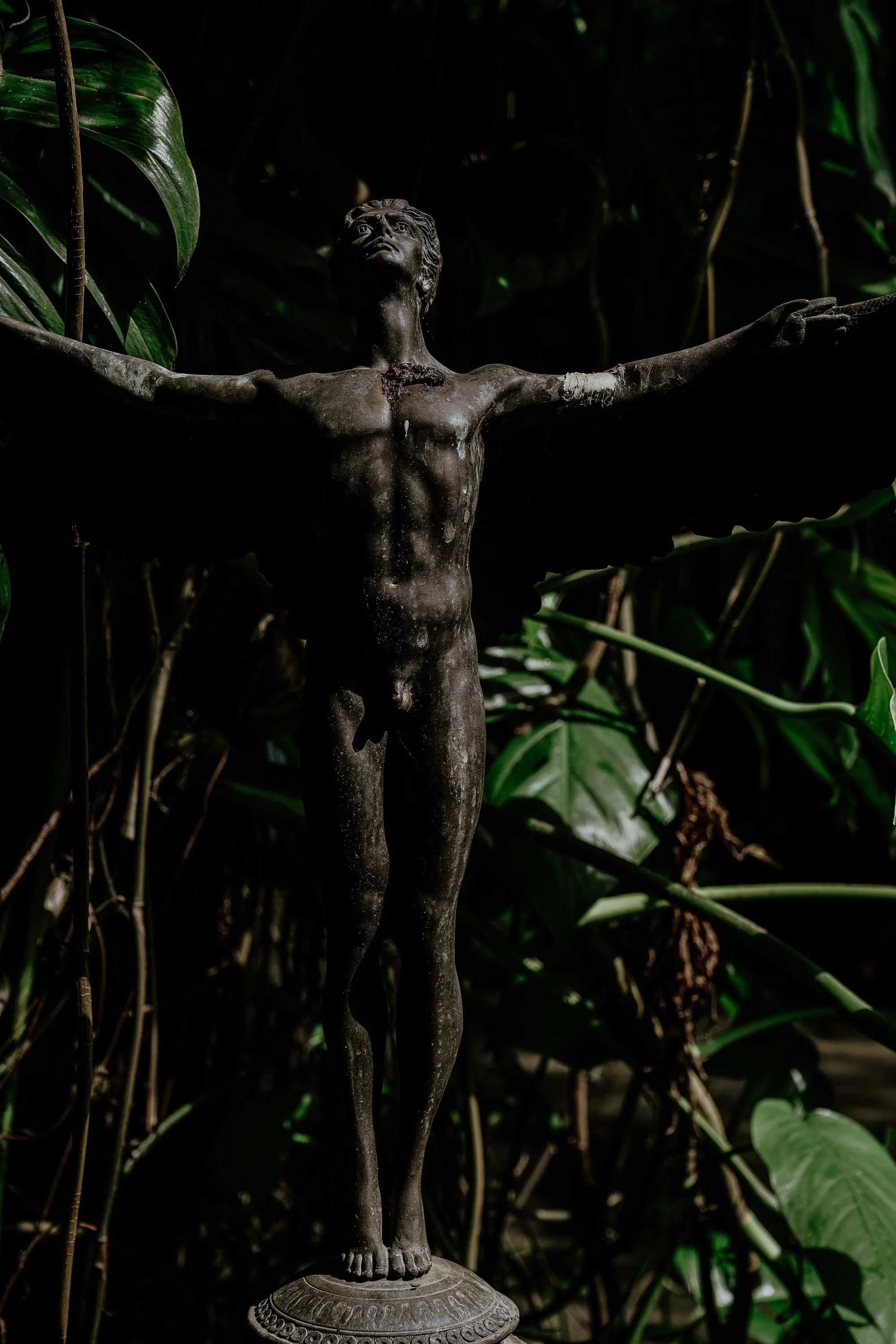 Nude male sculptural figure with outstretched arms in garden setting