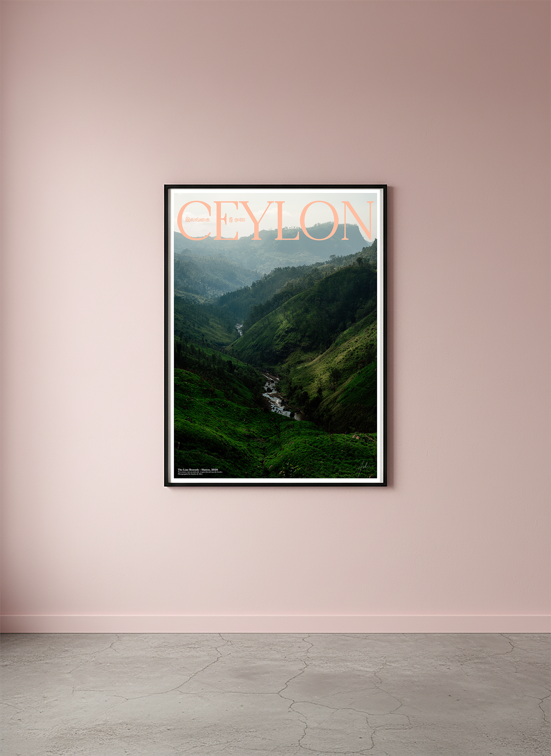 Landscape photograph of green hills with river running through valley, Ceylon fine art Poster framed on soft pink wall