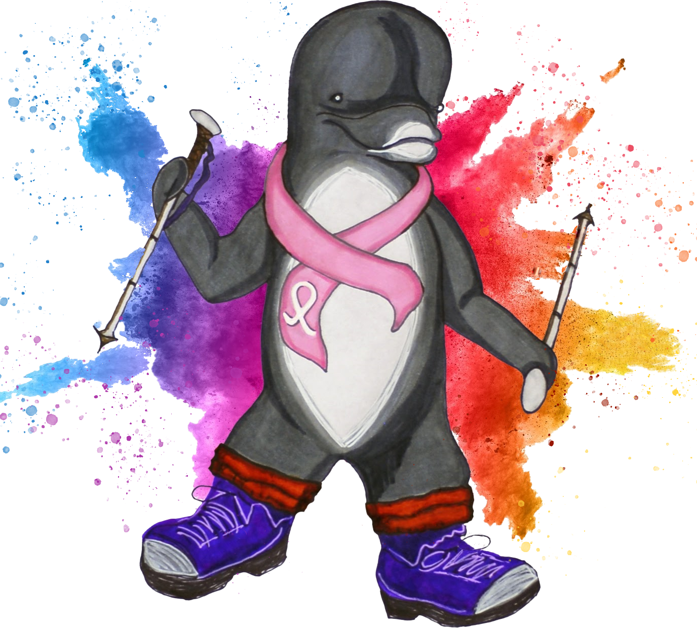 Hiking for Healing brand image of a dolphin dressed as a hiker, wearing a pink breast cancer ribbon, blue hiking boots, and holding hiking poles against a colorful watercolor splash background.
