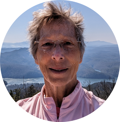 A person smiling outdoors with mountains and a lake in the background, wearing glasses and a light pink jacket.