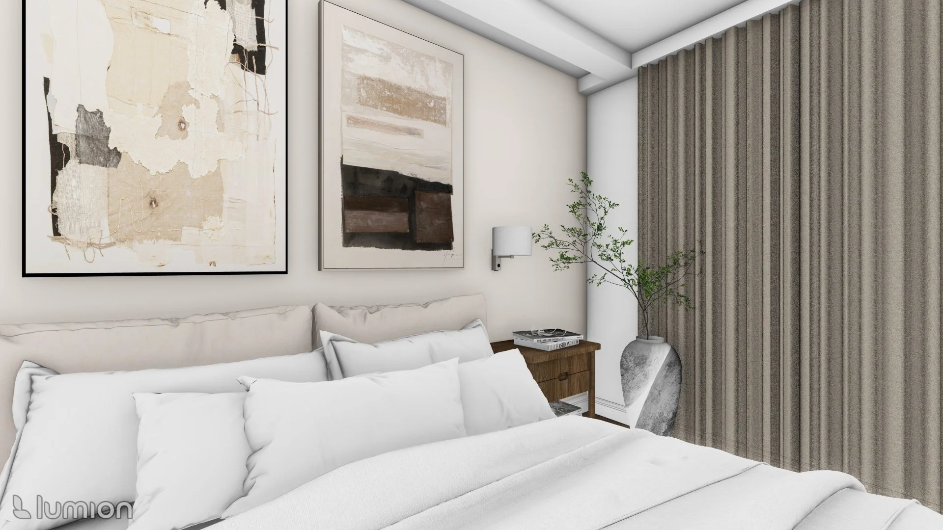 Modern bedroom with white bedding, abstract artwork on the wall, a small wooden bedside table with books, wall-mounted lamp, and a potted plant near a striped curtain.