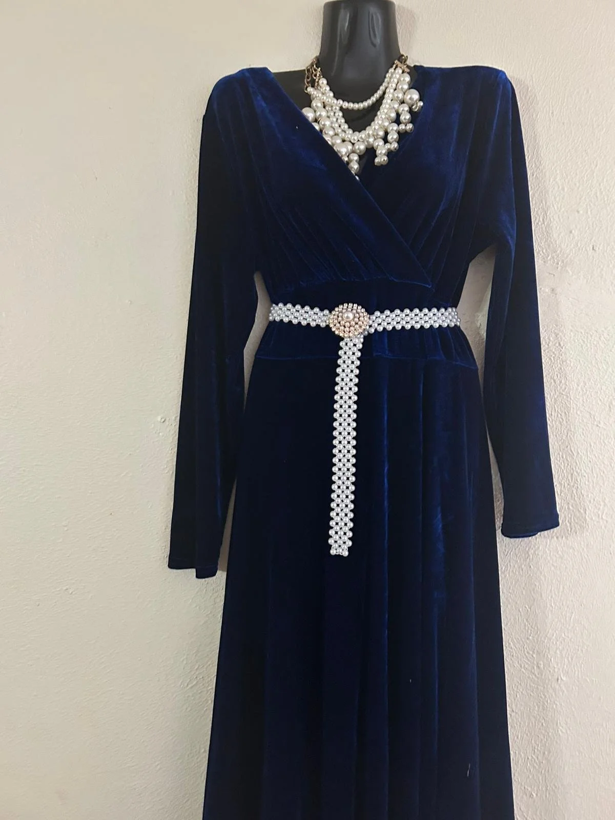 Sapphire Velvet Pearl-Belted Gown