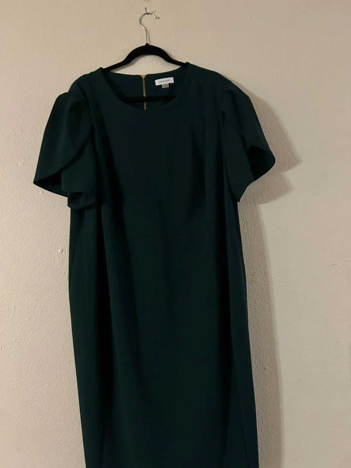 Calvin Klein Emerald Green Shift Dress with Flutter Sleeves