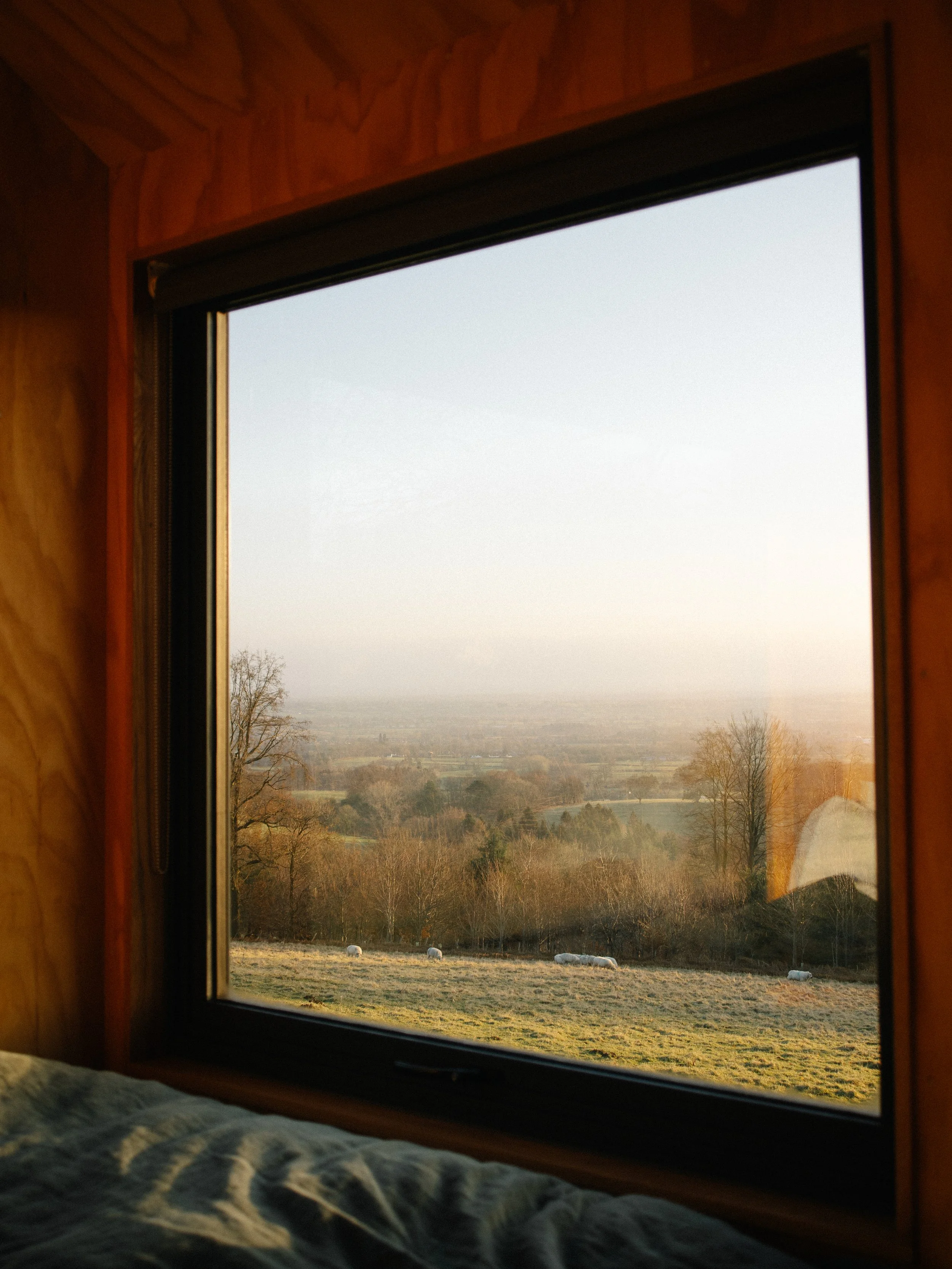 View of a rural landscape with trees and fields seen through a window from inside a wooden cabin.