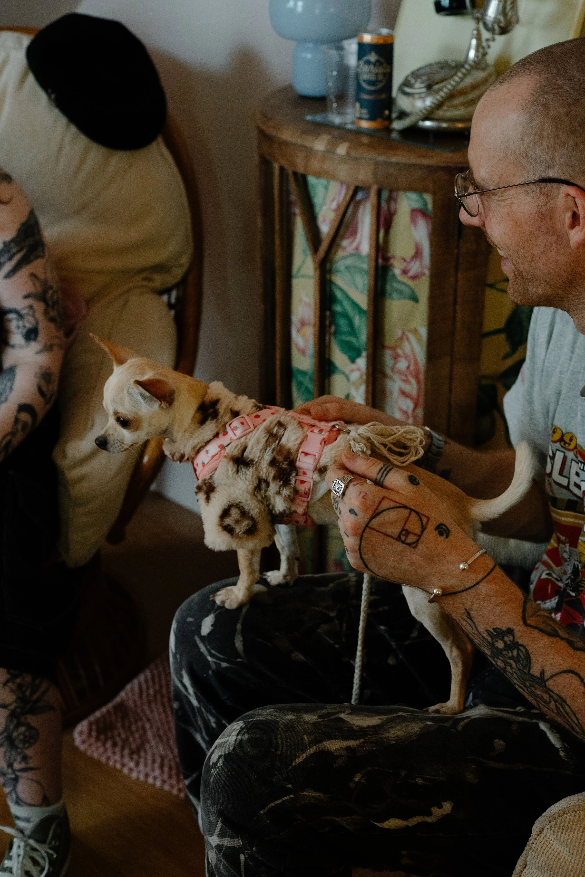 A man with tattoos and glasses holding a small dog with a pink harness. Other people are in the background, and the setting appears to be indoors with a wooden table and decorative items.