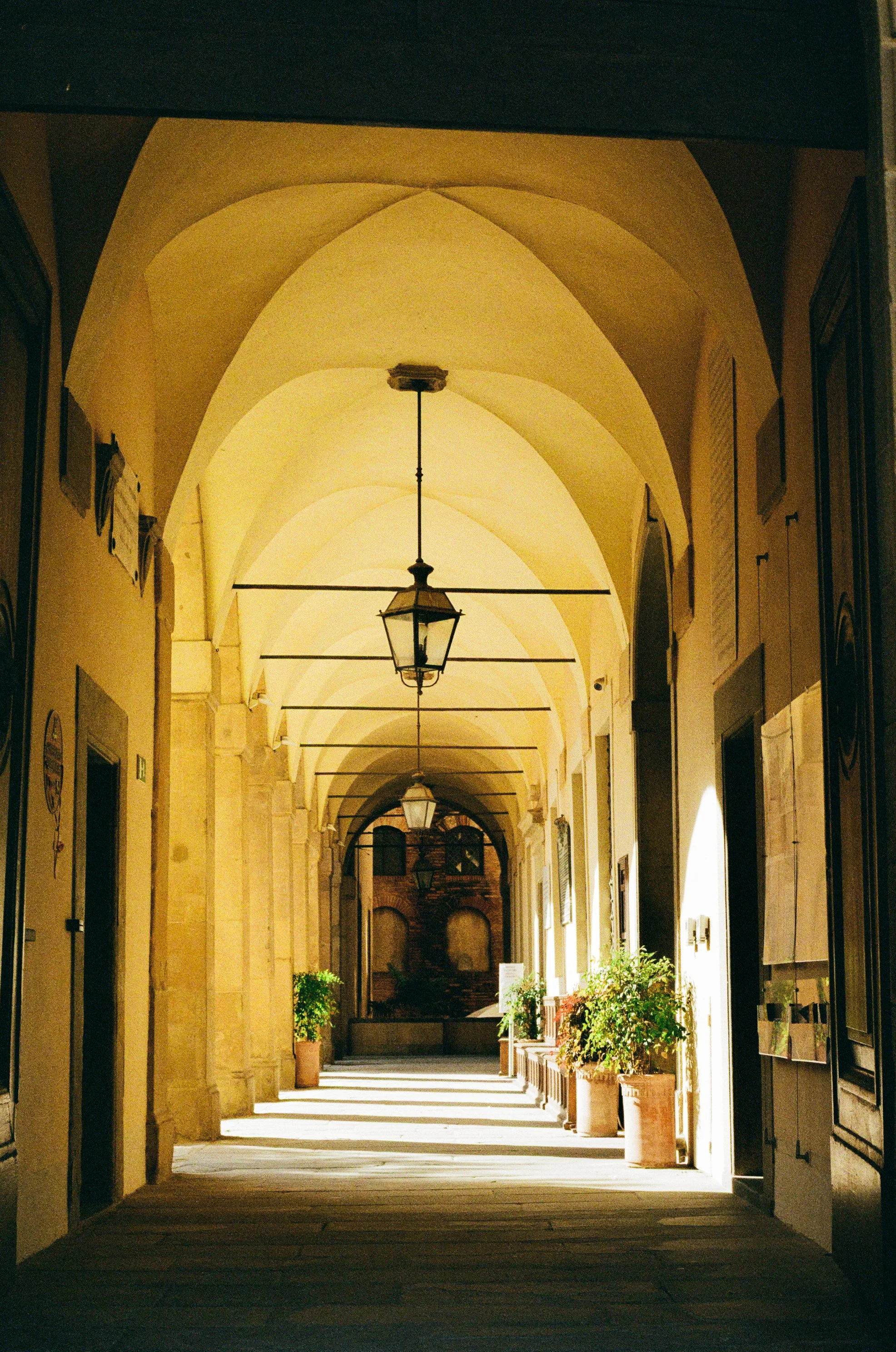A covered walkway with yellow arches, hanging lanterns, potted plants, and sunlight casting shadows on the floor.