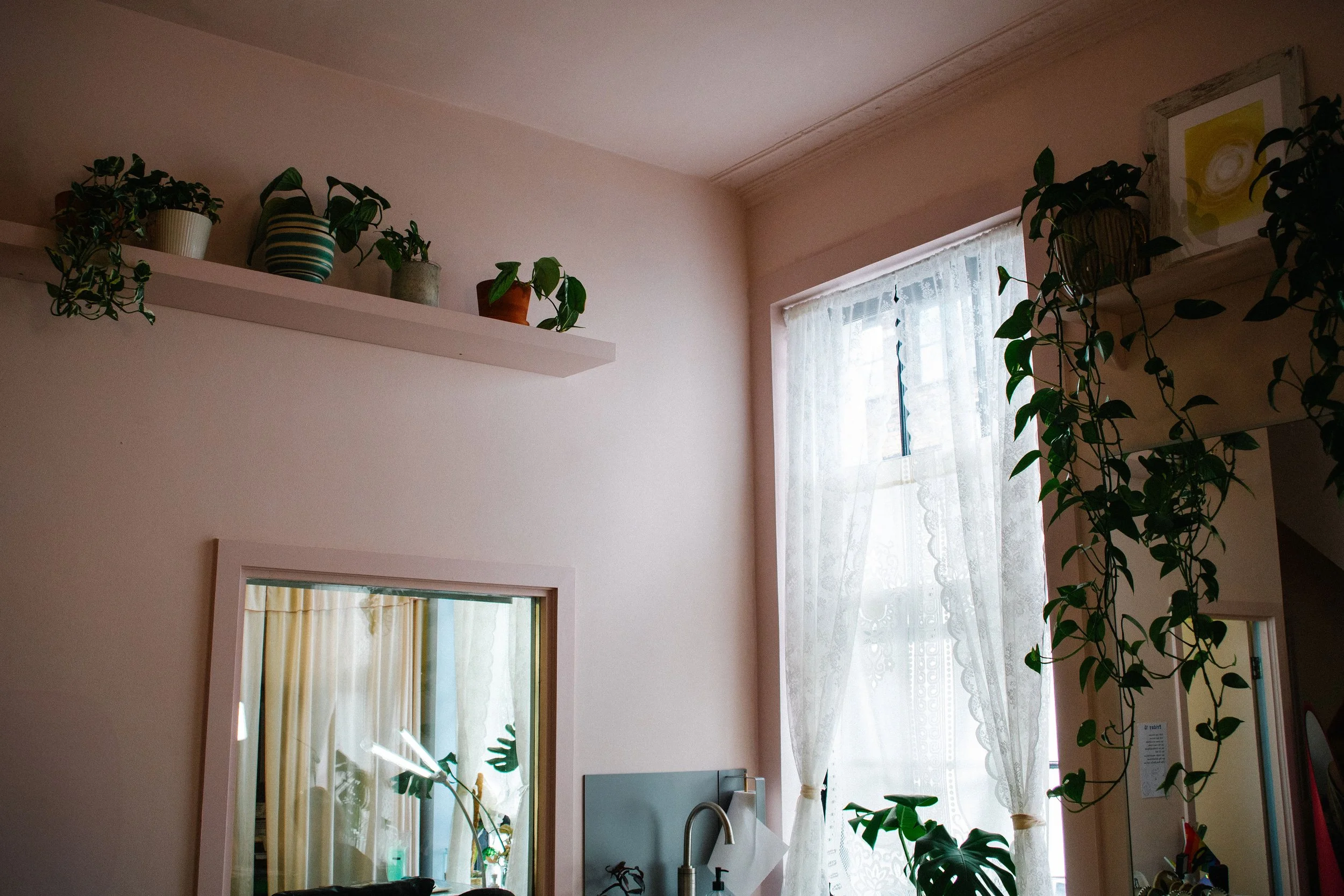 Interior of a room with large window with sheer curtains, houseplants on a shelf and hanging, and a mirror reflecting yellow curtains.