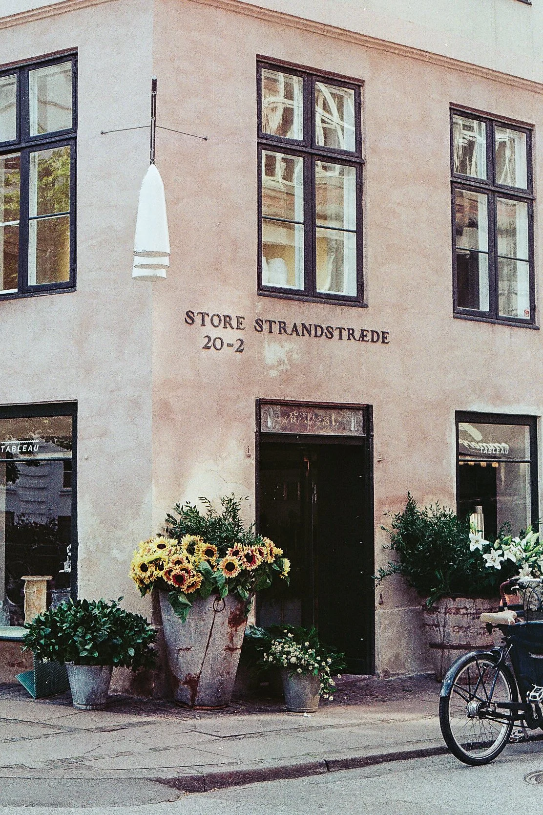 The exterior of a building labeled 'Store Strandstræde 20-2', with large window panes, potted plants including sunflowers, and a bicycle parked outside.