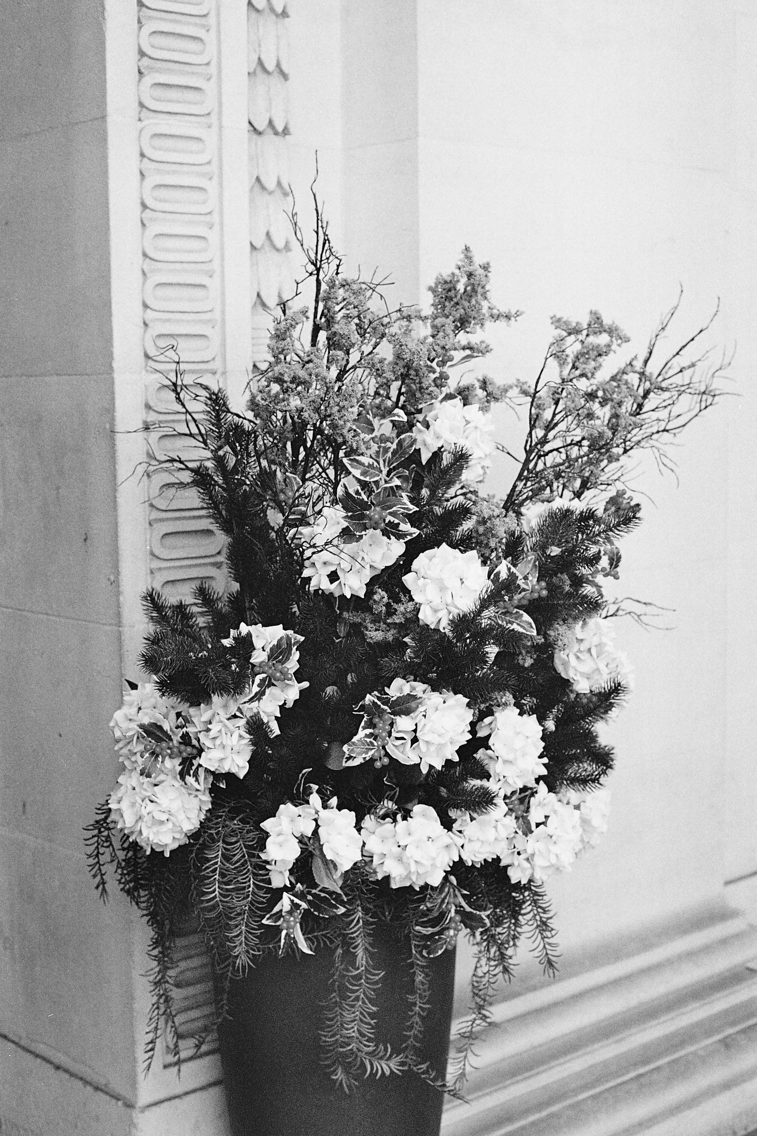 A black and white photo of a tall flower arrangement in a pot, featuring hydrangeas, holly leaves, pine branches, and decorative twigs, placed next to an ornate wall molding.