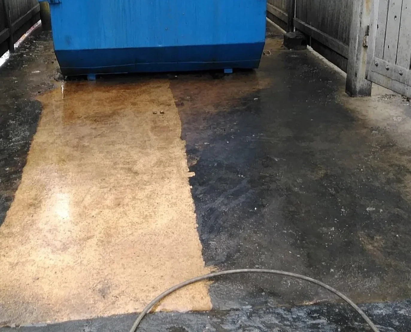 A half-finished concrete floor in an outdoor area, with the left half coated in a beige-colored sealant or primer and the right half uncoated, showing dark concrete. There is a blue container or dumpster on the left side, and a wooden fence on the right. A hose is lying on the ground in the foreground.