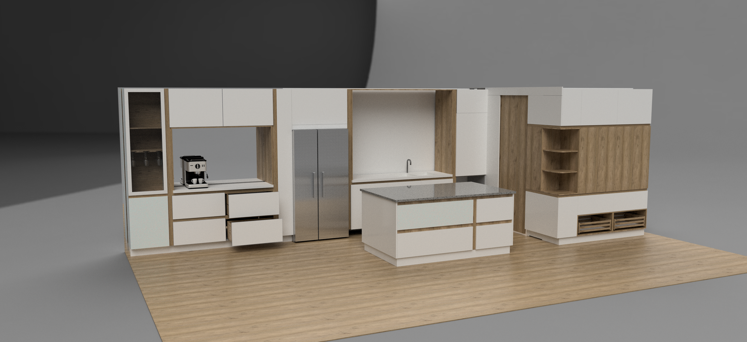 Moderne keuken met witte en houten kasten, een koelkast, een gootsteen en een koffiezetapparaat, op een houten vloer.