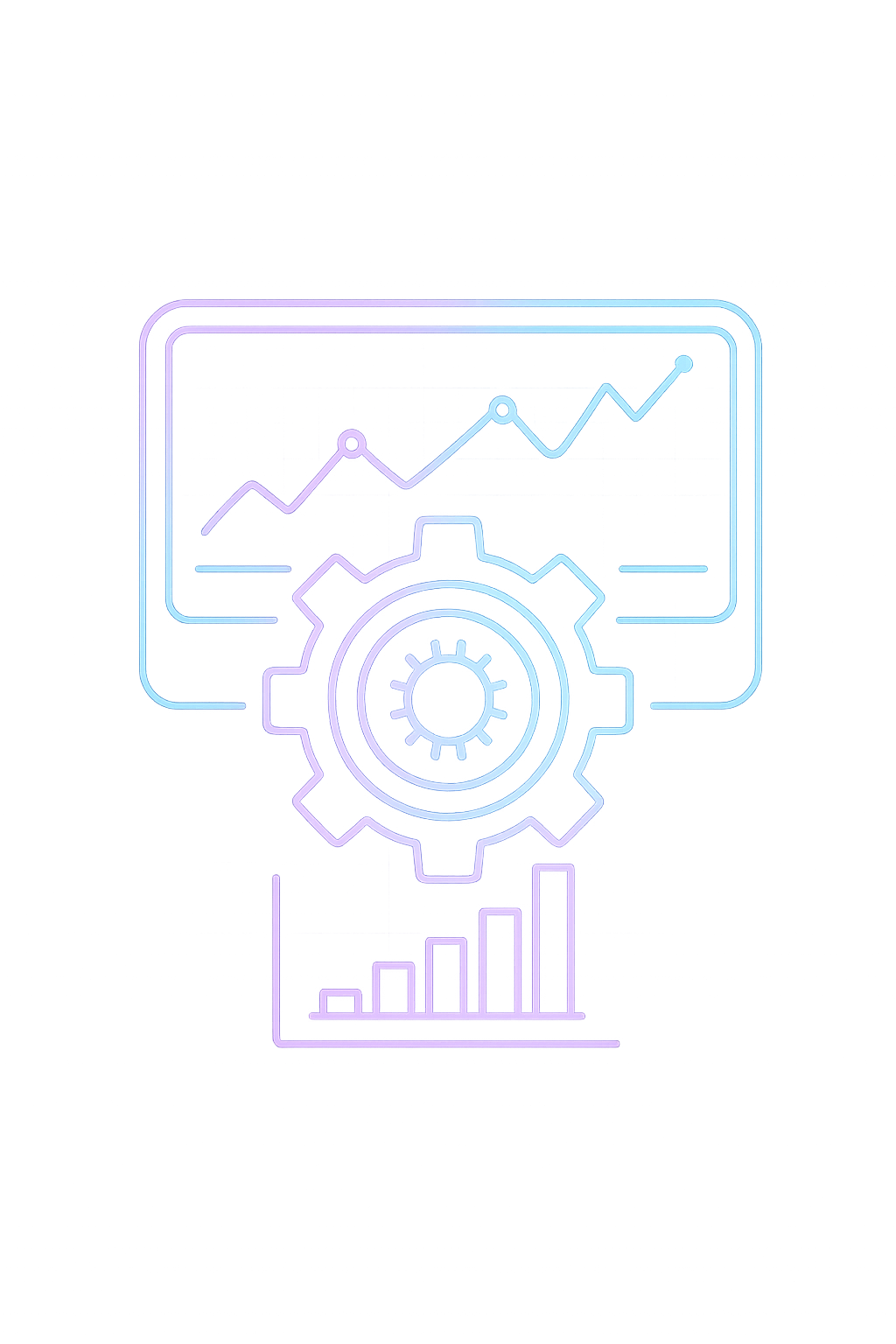Neon illustration of a gear with a graph on a screen in the background.