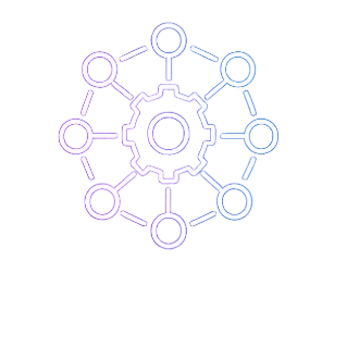 A neon illustration of a gear surrounded by interconnected circles, forming a circular pattern.
