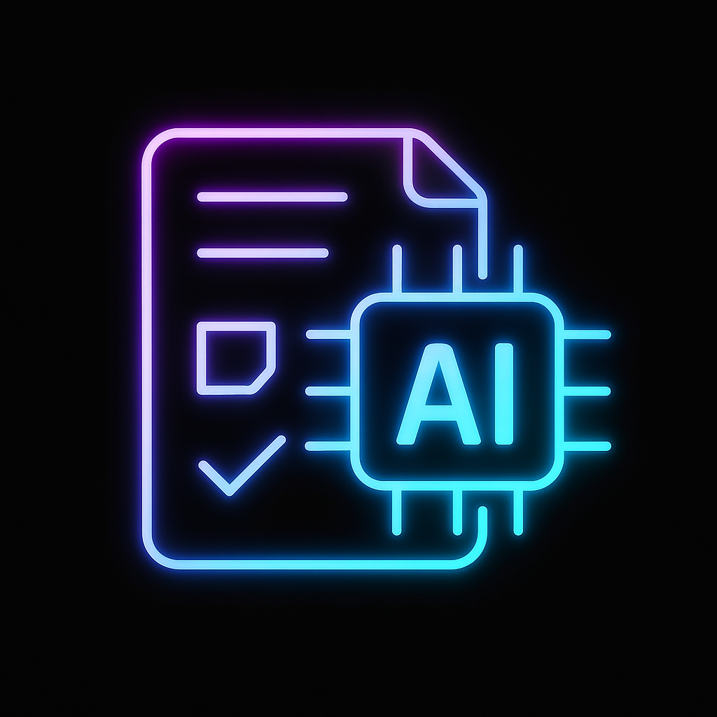 Neon sign depicting a document with check marks and an AI chip, representing artificial intelligence in digital documentation or data processing.