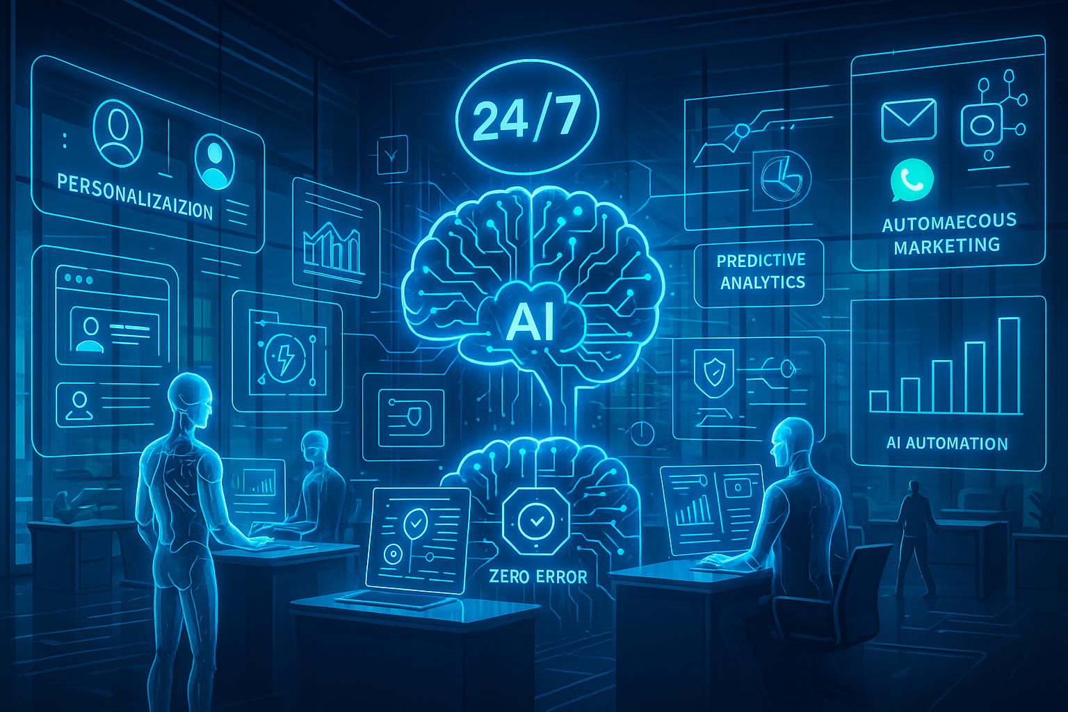 Digital illustration of AI technology with holographic screens displaying data analytics, personalization, automated marketing, AI automation, and zero error concepts, featuring human virtual figures in a high-tech environment.