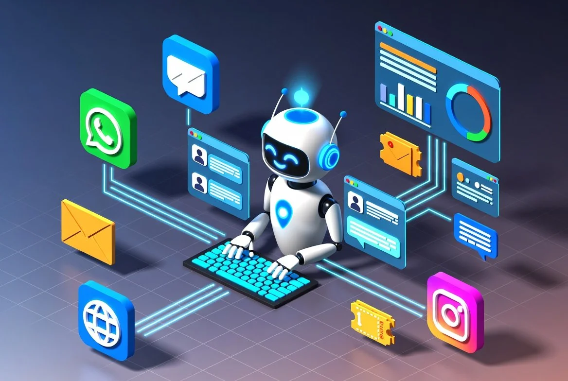 A robot with blue accents and solar panel antennas is working on a computer keyboard surrounded by colorful digital icons representing social media platforms, communication, and data analytics, set on a dark grid-like background.