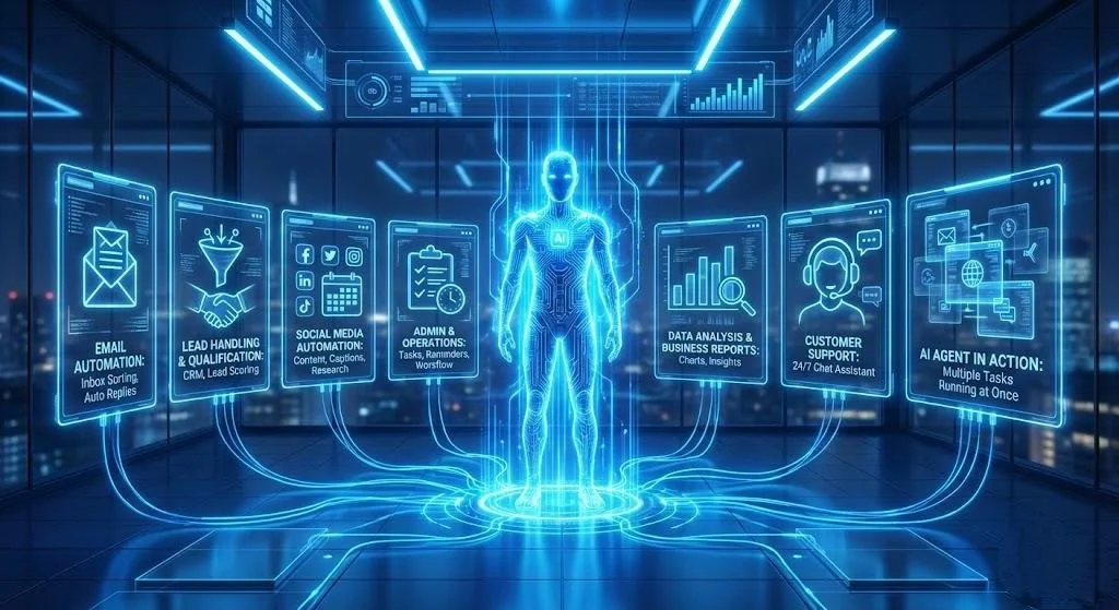 Futuristic digital control room with holographic interface displaying icons and data related to email automation, social media, admin tasks, data analysis, customer support, and AI tasks.