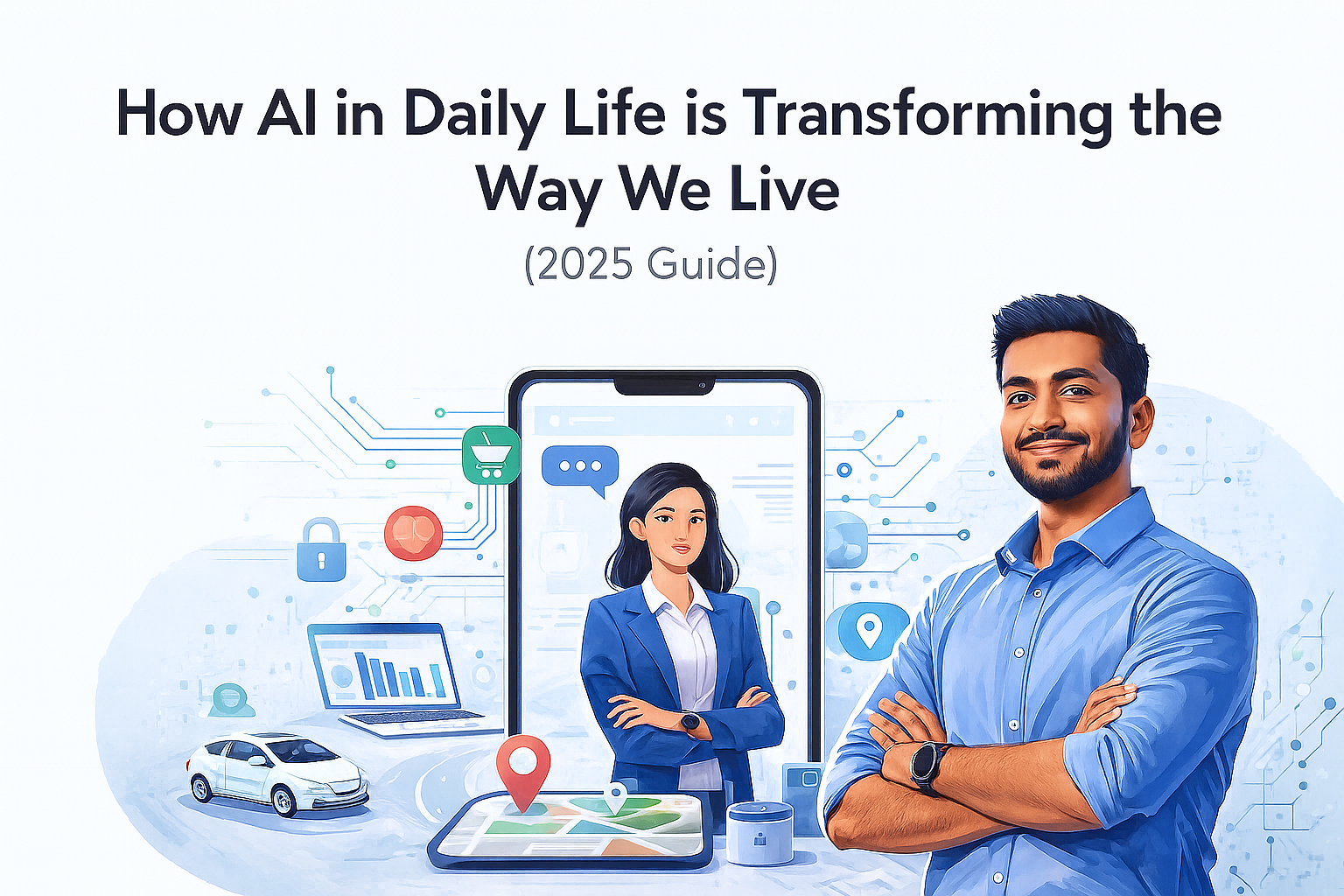 A young man in a blue shirt stands with arms crossed, smiling, next to a large graphic featuring a woman in a blue blazer inside a smartphone screen, surrounded by technology and data icons such as a car, lock, heart rate, shopping cart, and location pins, with the text "How AI in Daily Life is Transforming the Way We Live (2025 Guide)."