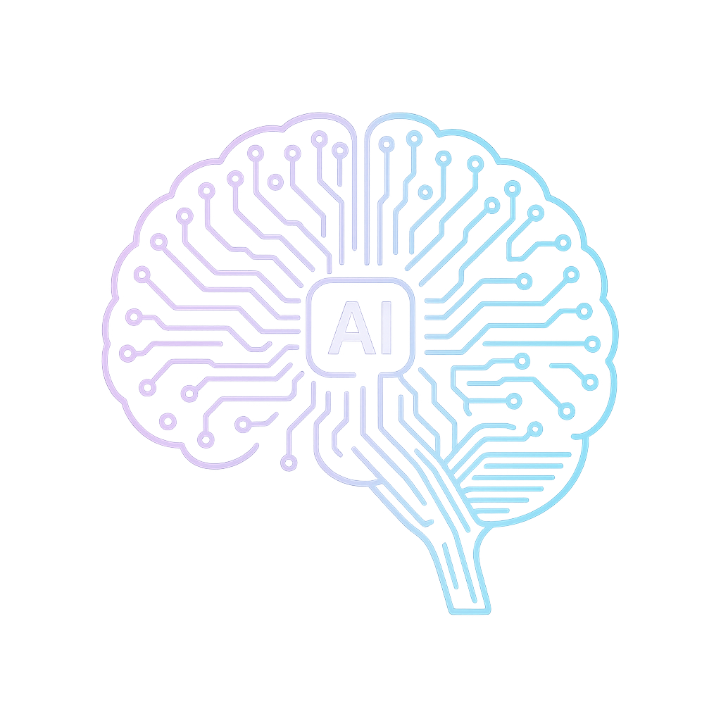 Neon illustration of a brain with circuit lines and 'AI' in the center, representing artificial intelligence.