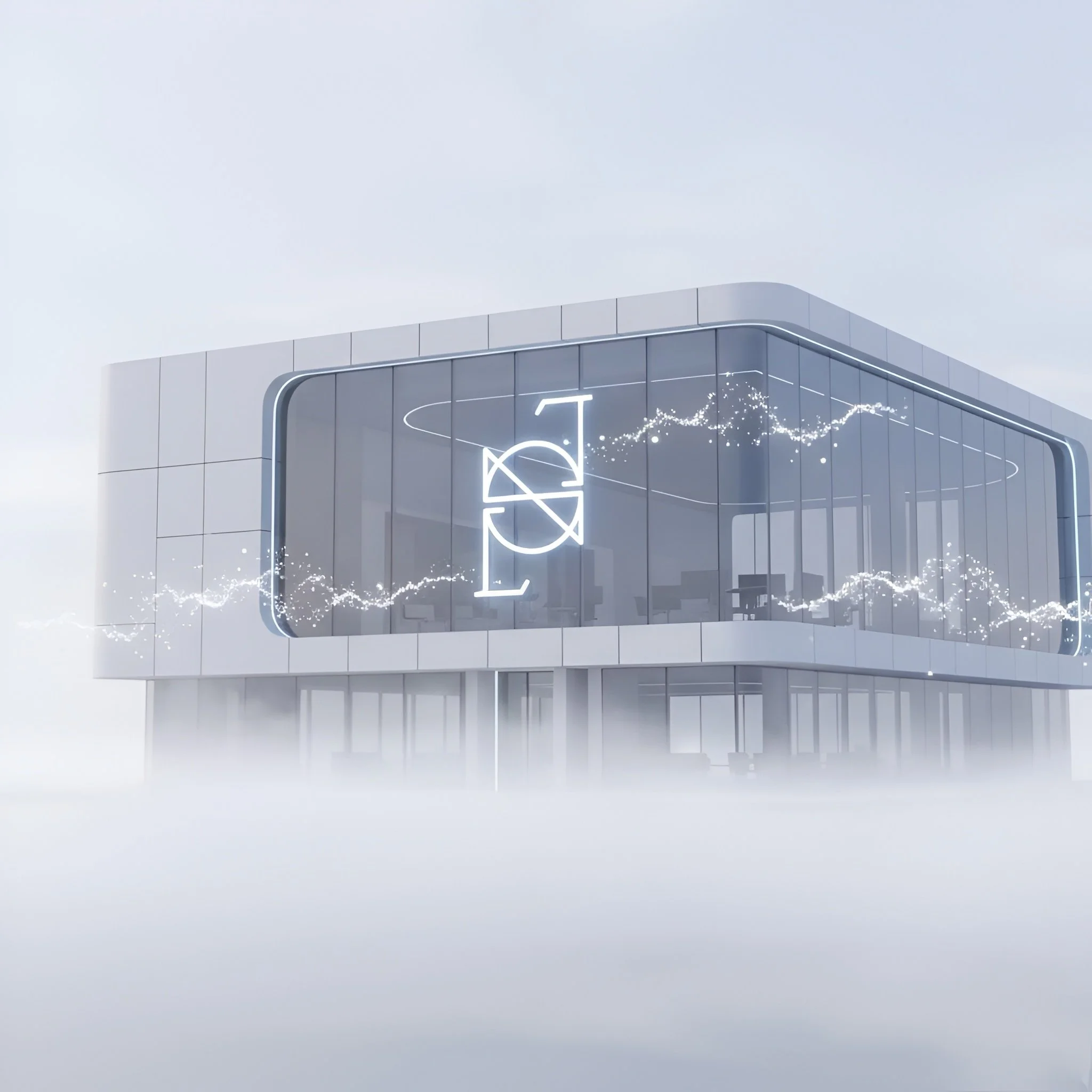 Modern building with glass facade displaying a neon logo with intersecting lines and a circle, surrounded by abstract white glowing energy streaks in a misty environment.