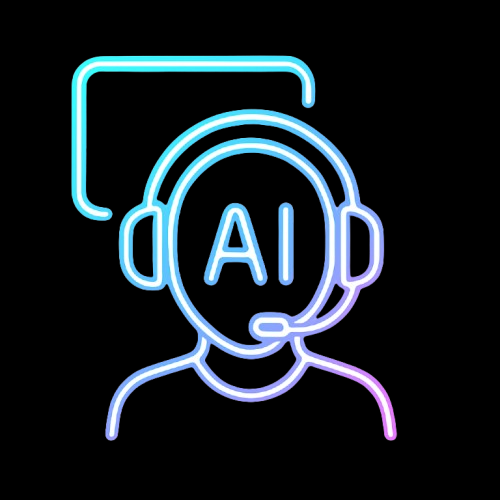 Neon sign of a person wearing a headset with 'AI' on the face and a monitor behind them, representing AI customer support or assistance.