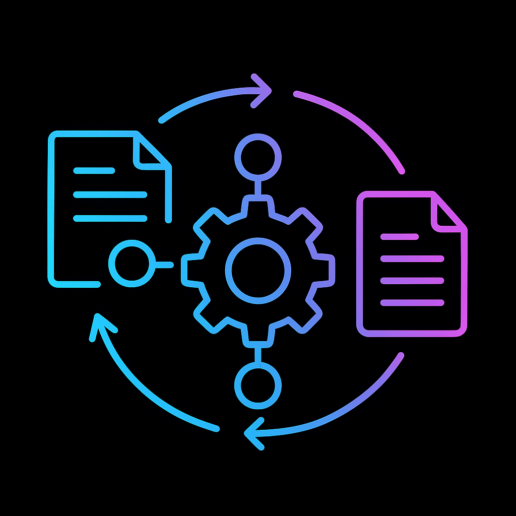 Neon illustration of interconnected documents and gear representing data processing or workflow with circular arrows.