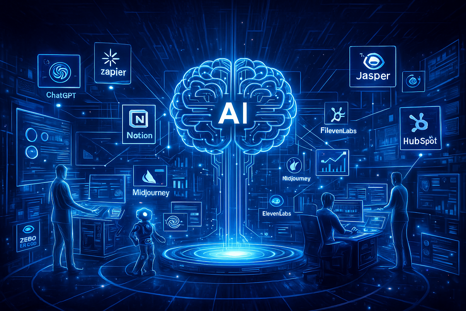 Digital illustration of artificial intelligence with a glowing brain at the center, surrounded by logos of AI tools and platforms, and people working at computers in a high-tech environment.