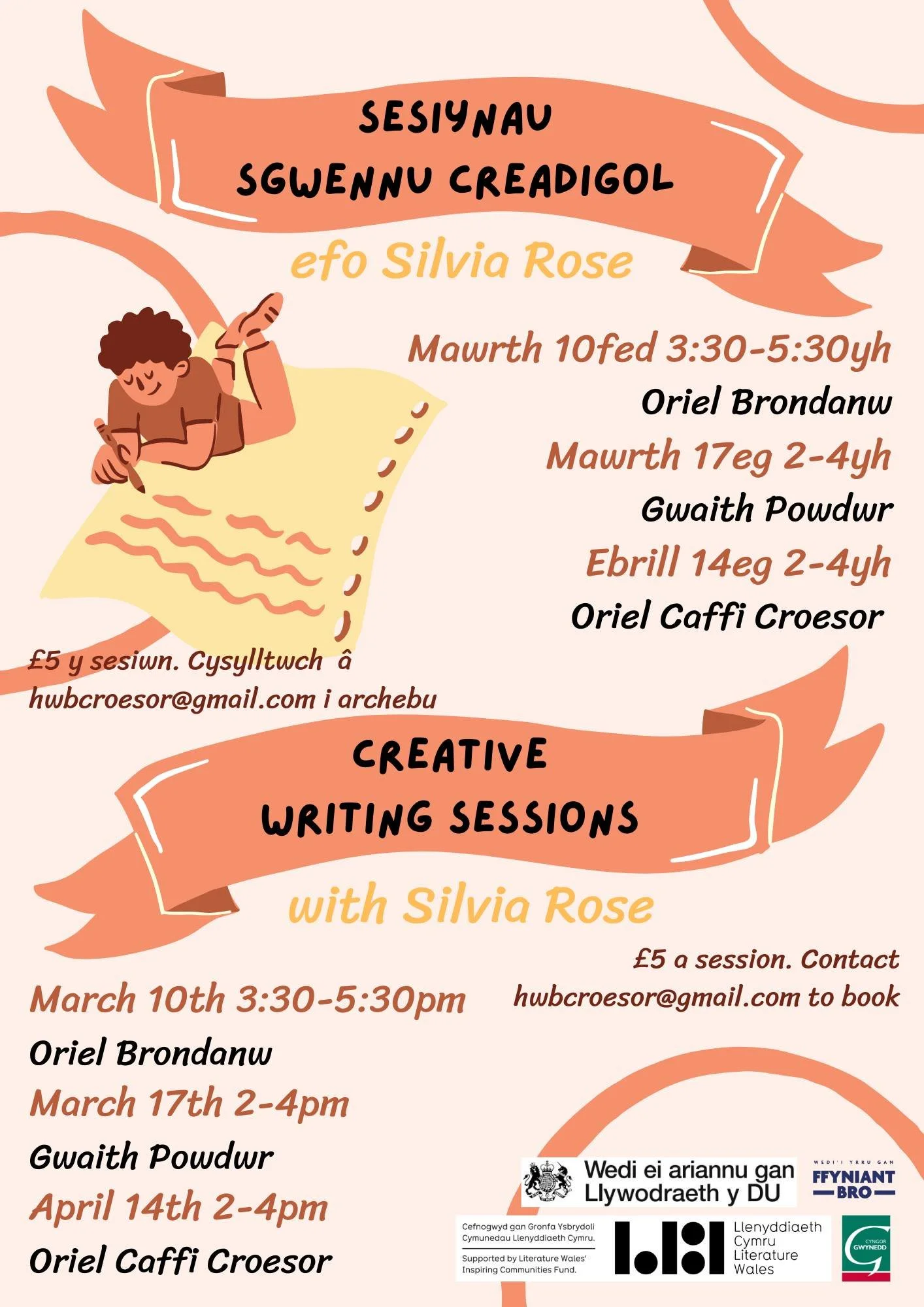 Flyer for creative writing sessions with Silvia Rose, scheduled on March 10th, March 17th, April 14th, from 3:30 to 5:30 pm, and other sessions on March 17th, April 14th, and more, with contact email provided.