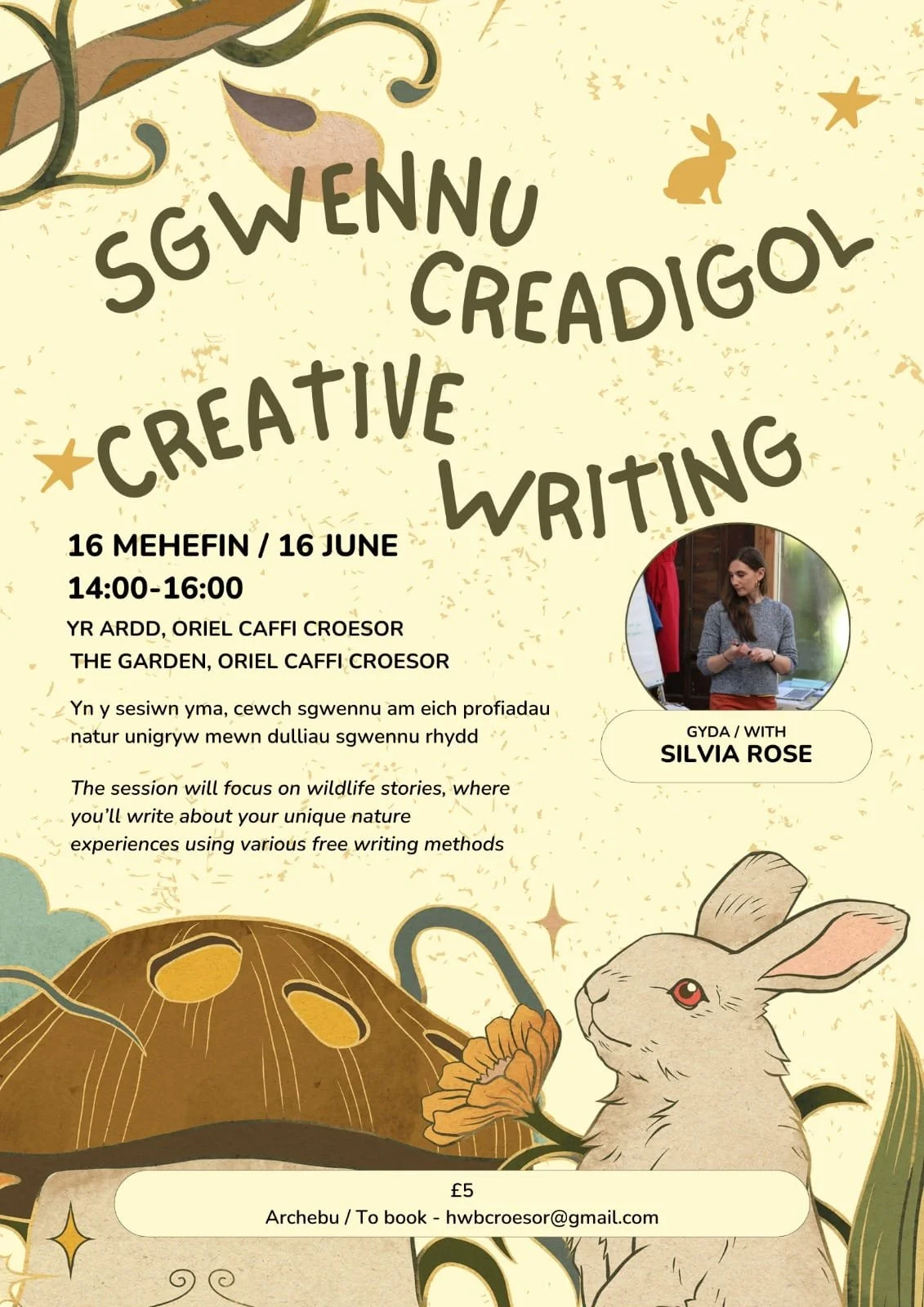 A promotional poster for a creative writing workshop themed around wildlife stories. It features a rabbit holding a flower, a large mushroom, and decorative nature elements, with a small photo of the instructor, Silvia Rose.