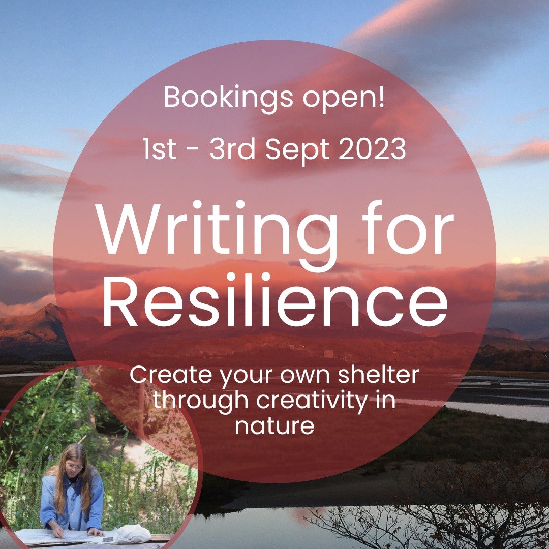 A promotional poster for a writing workshop titled 'Writing for Resilience,' scheduled from September 1st to 3rd, 2023, with the tagline 'Create your own shelter through creativity in nature,' featuring a background of a sunset over mountains and a small inset photo of a girl writing outdoors.