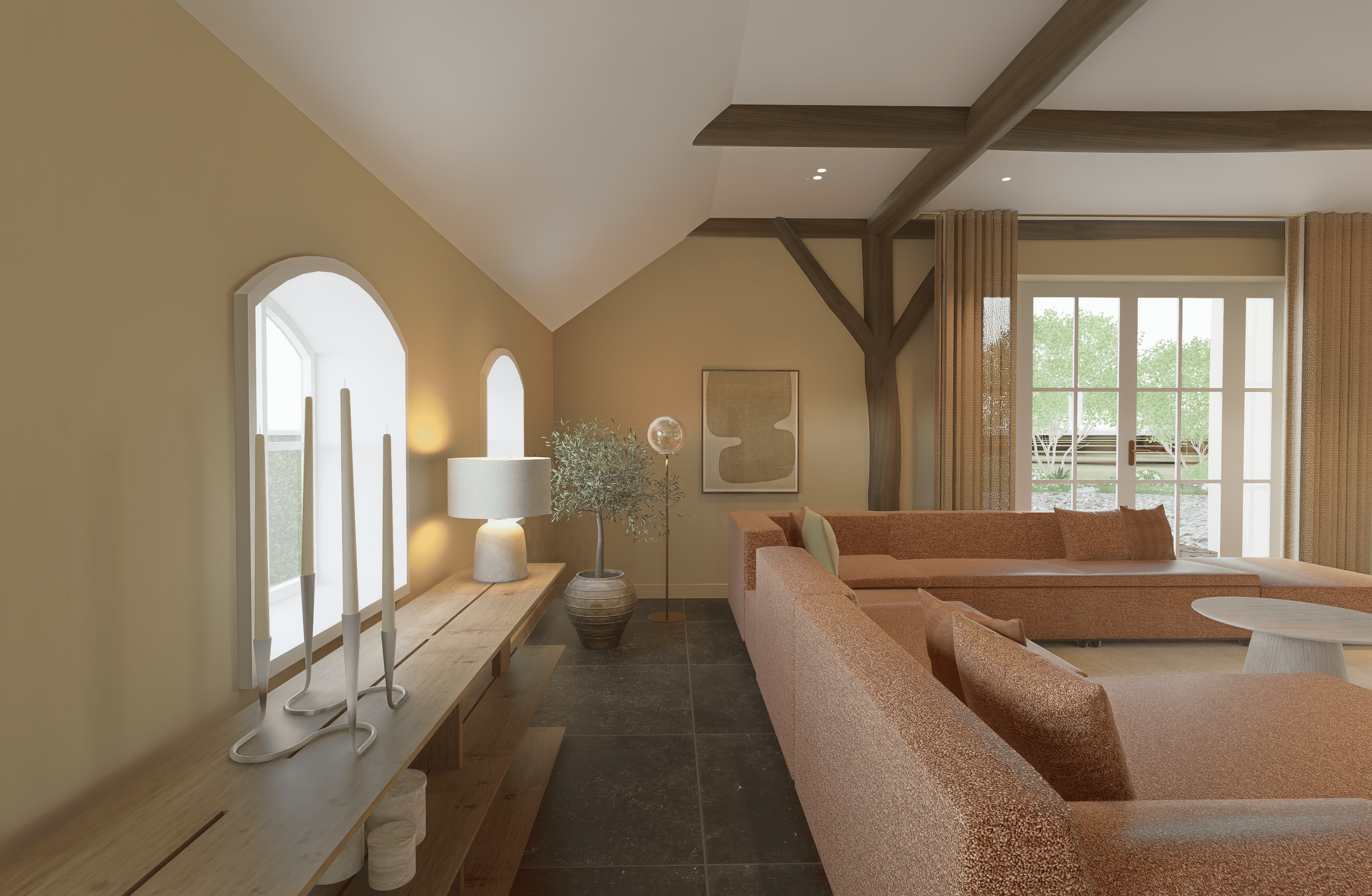 Interieur van een woonkamer met boederij sfeer. Warm en gezellig interieur met bank, kast en lampen.