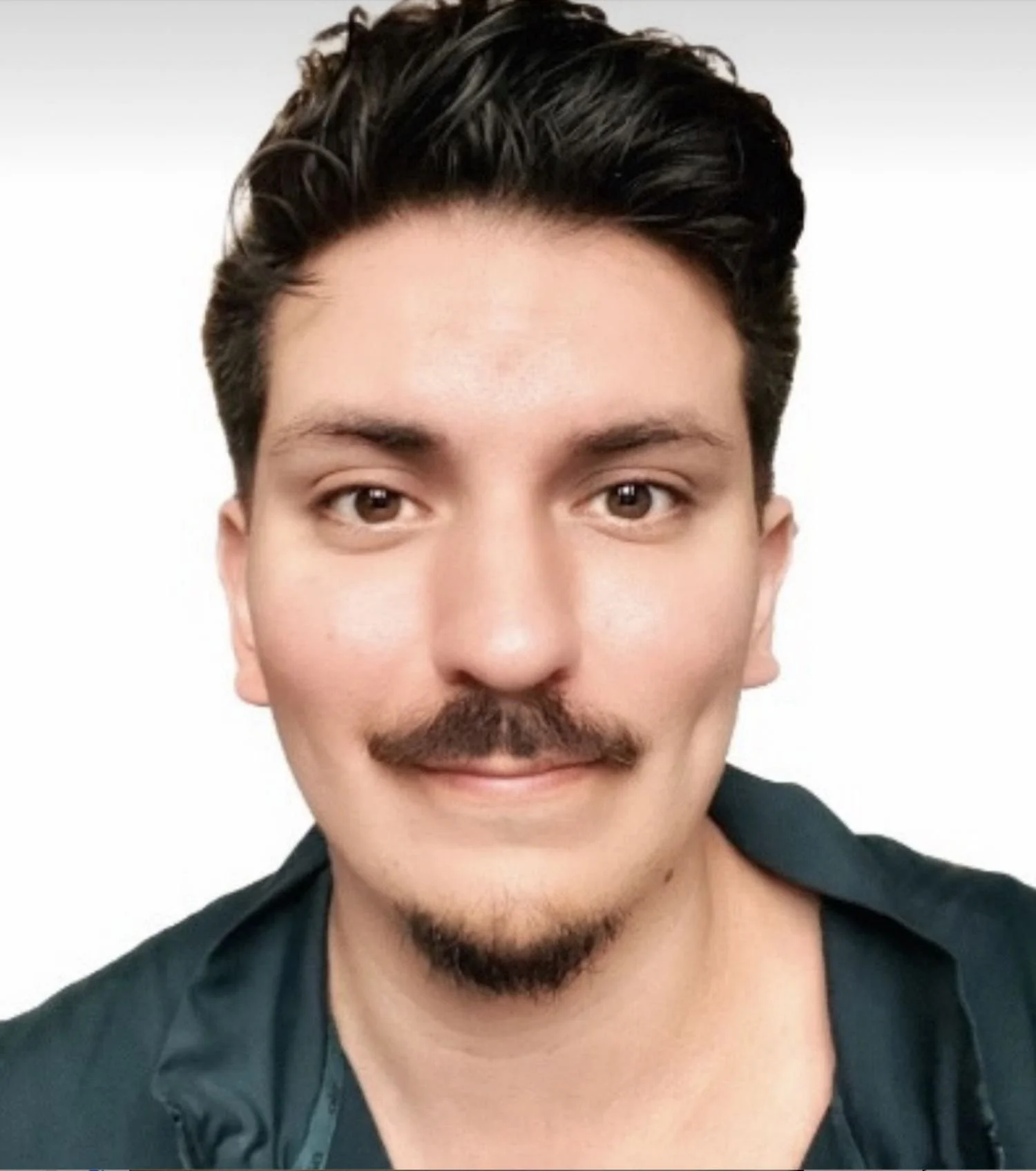 Close-up of a man with dark hair, styled with a slight wave, a mustache and goatee, wearing a black shirt with a slight smile, against a plain white background.