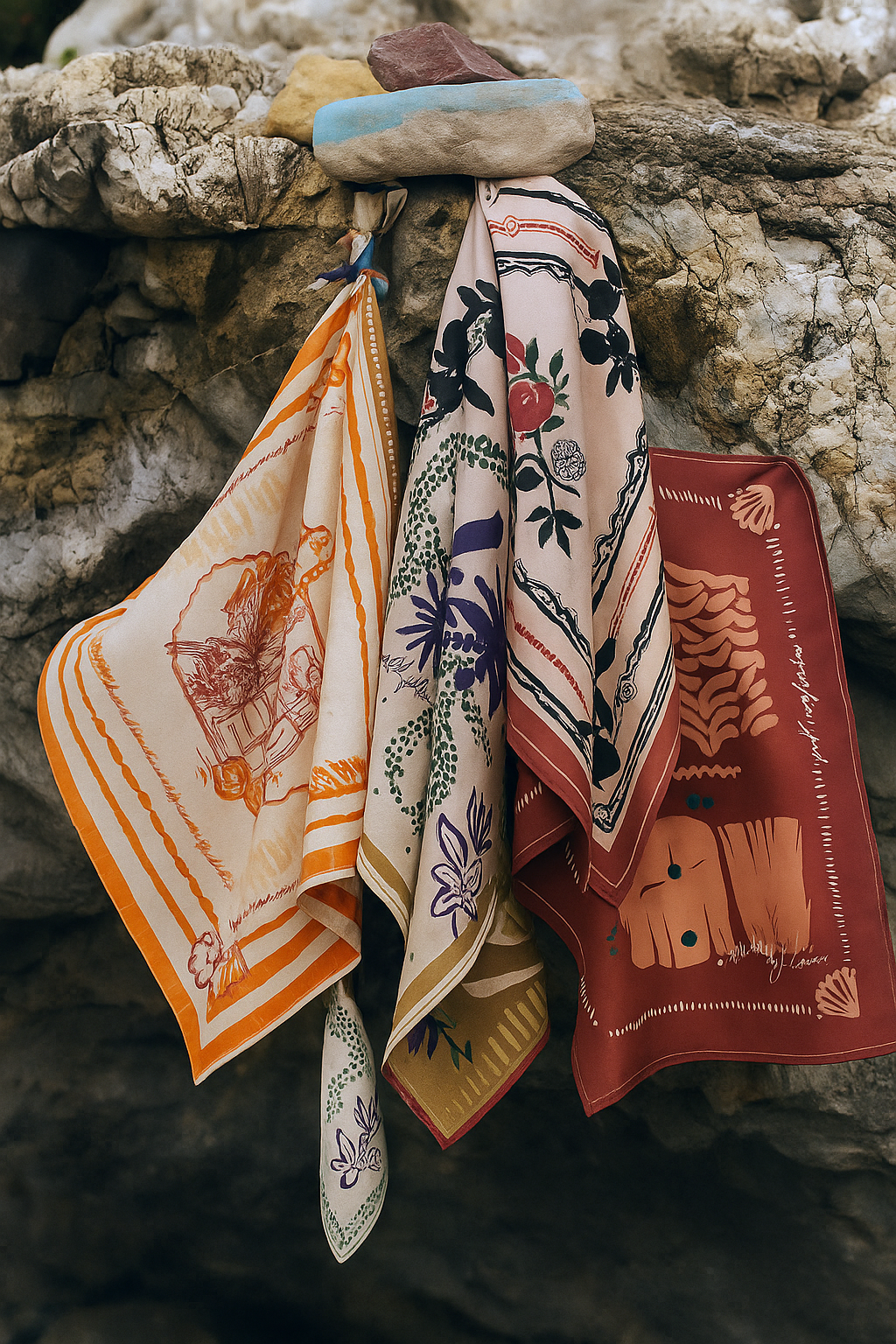 Three colorful patterned scarves hanging from a rock ledge.